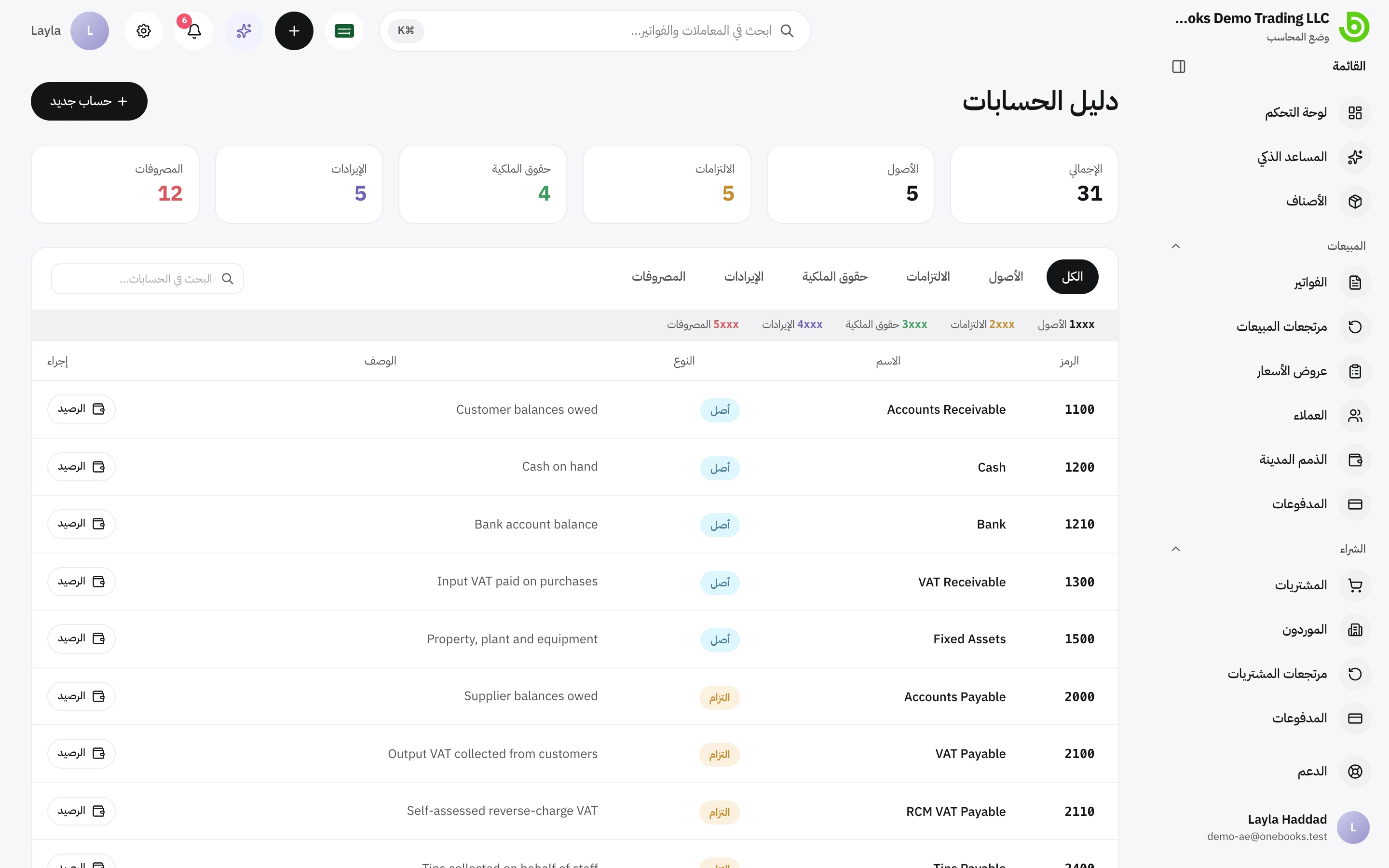 دليل الحسابات مجمّعًا حسب النوع مع الرموز والأسماء والأرصدة