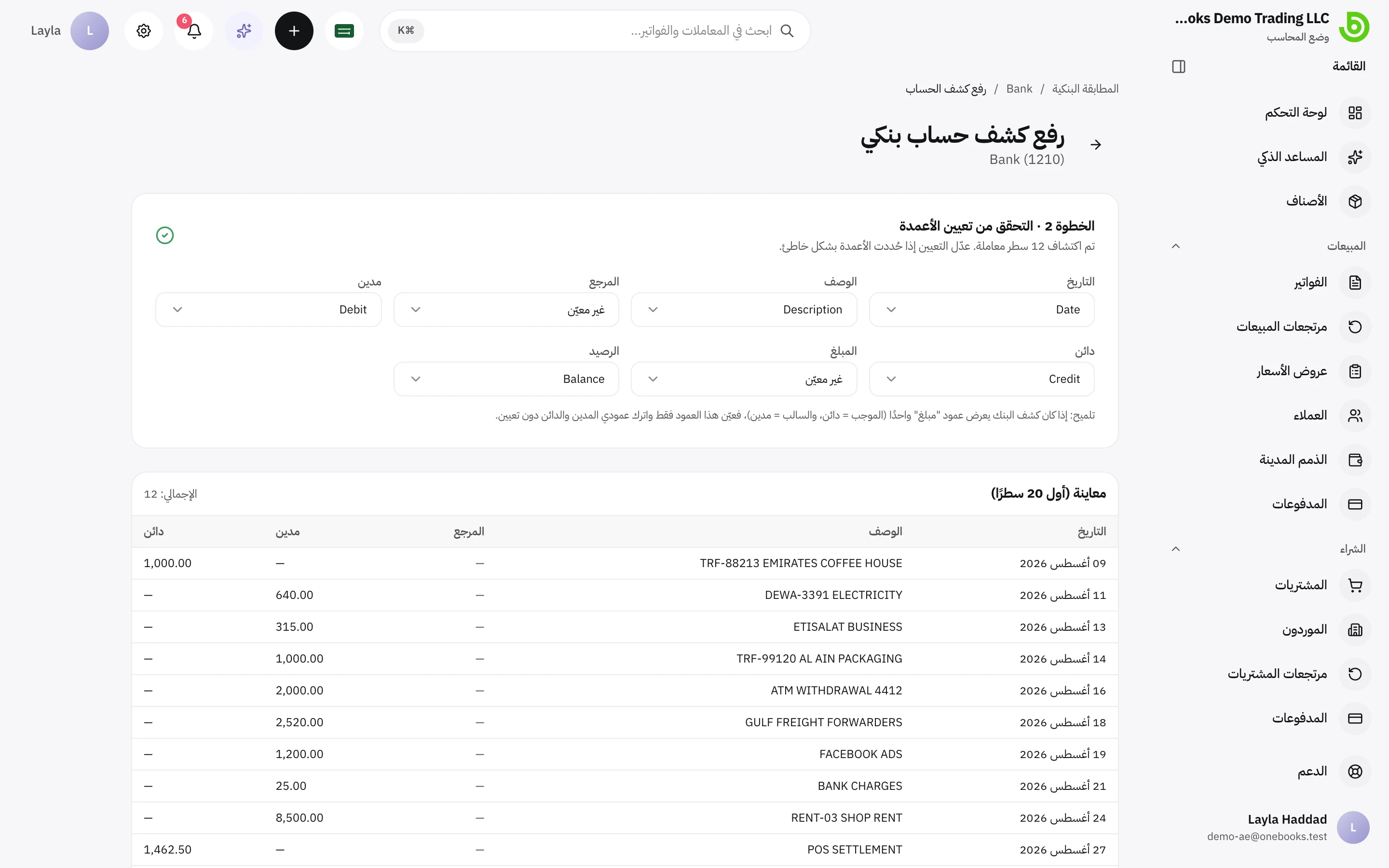 الخطوة 2 من معالج الرفع وهي تعرض الأعمدة المكتشفة وأولى سطور الحركات