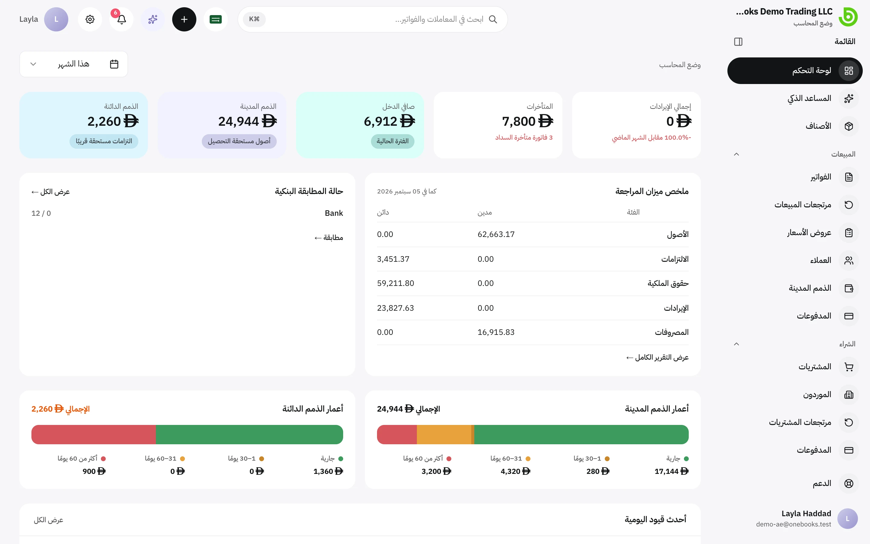 لوحة التحكم في وضع المحاسب مع ظهور مجموعة المحاسبة في الشريط الجانبي