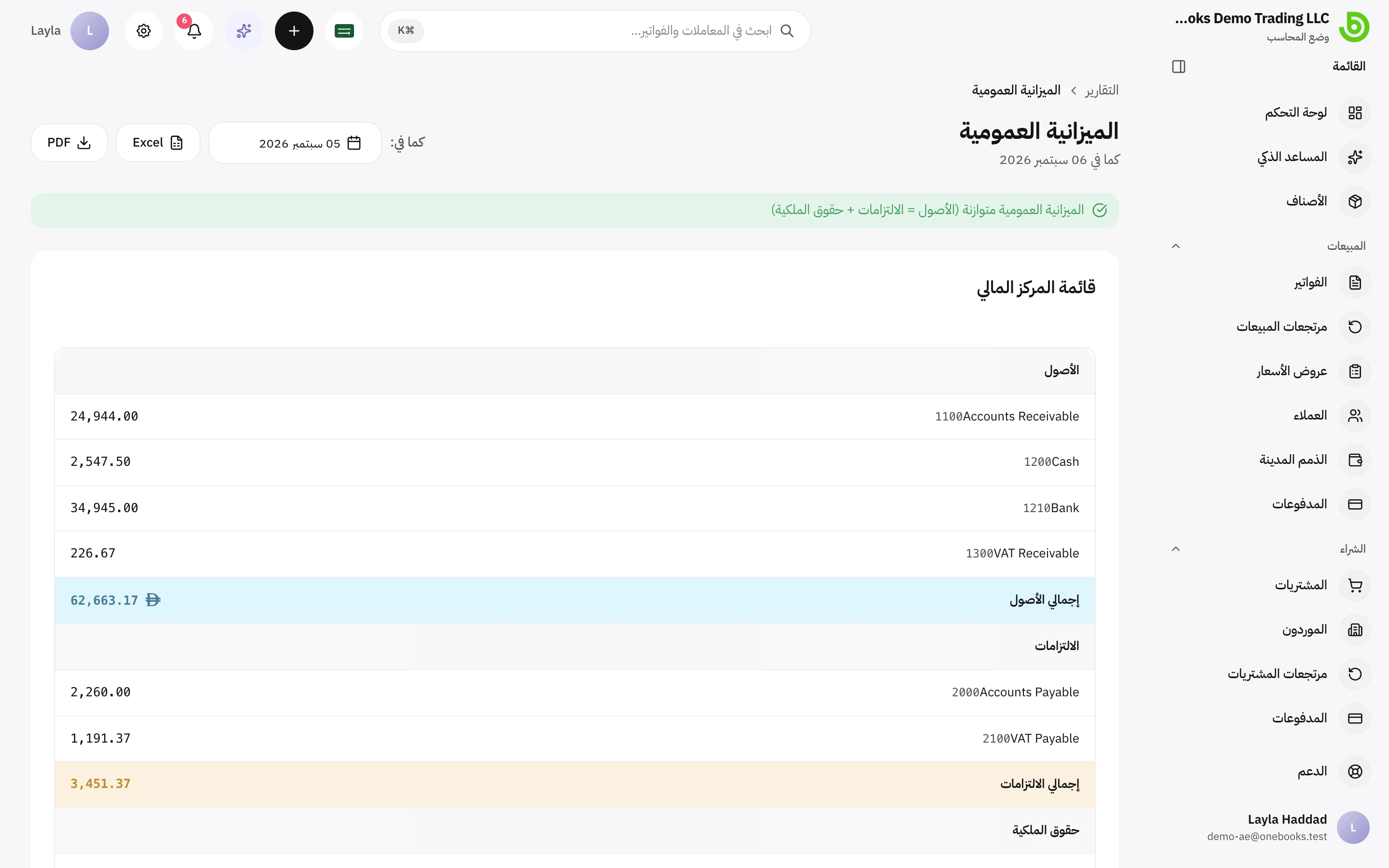 الميزانية العمومية مع أقسام الأصول والالتزامات وحقوق الملكية ومؤشر التوازن