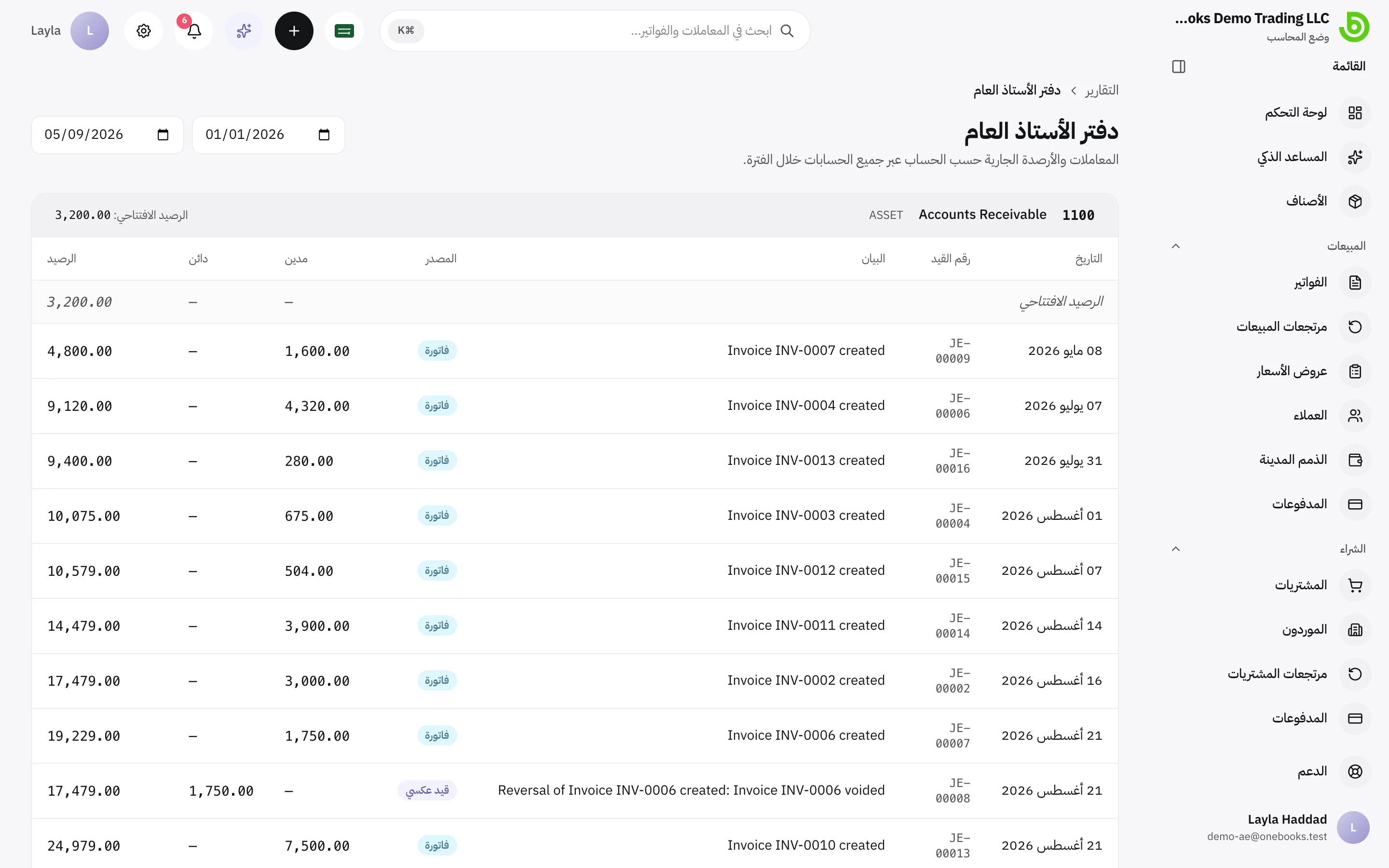 دفتر الأستاذ العام مجمّعًا بحسب الحساب مع التواريخ والأوصاف والمدين والدائن والأرصدة الجارية