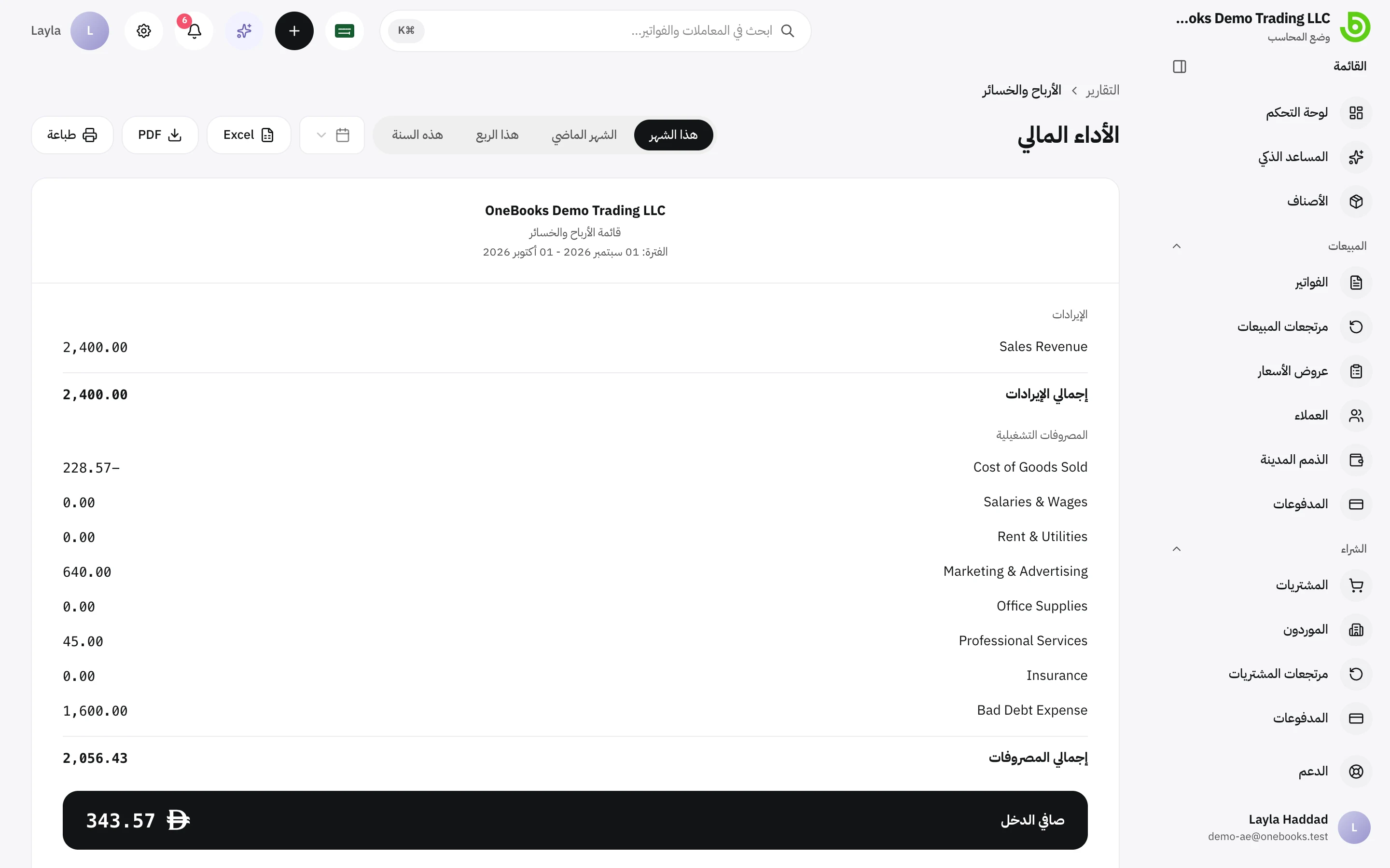 تقرير الأرباح والخسائر مع الإيرادات والمصروفات التشغيلية وصافي الدخل للفترة المحددة