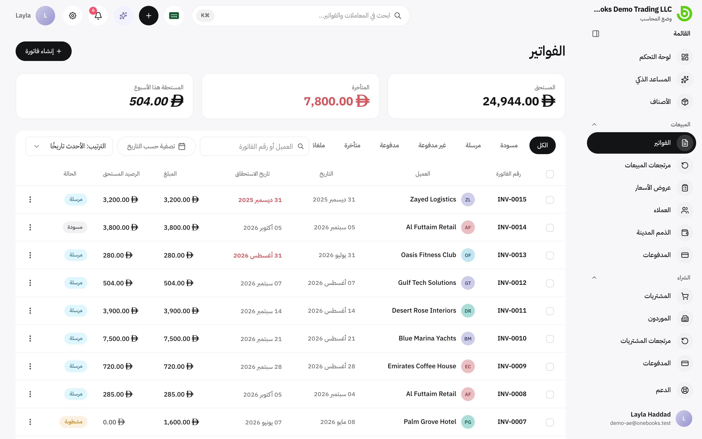 قائمة الفواتير مع إجماليات المستحق والمتأخر والمستحق هذا الأسبوع
