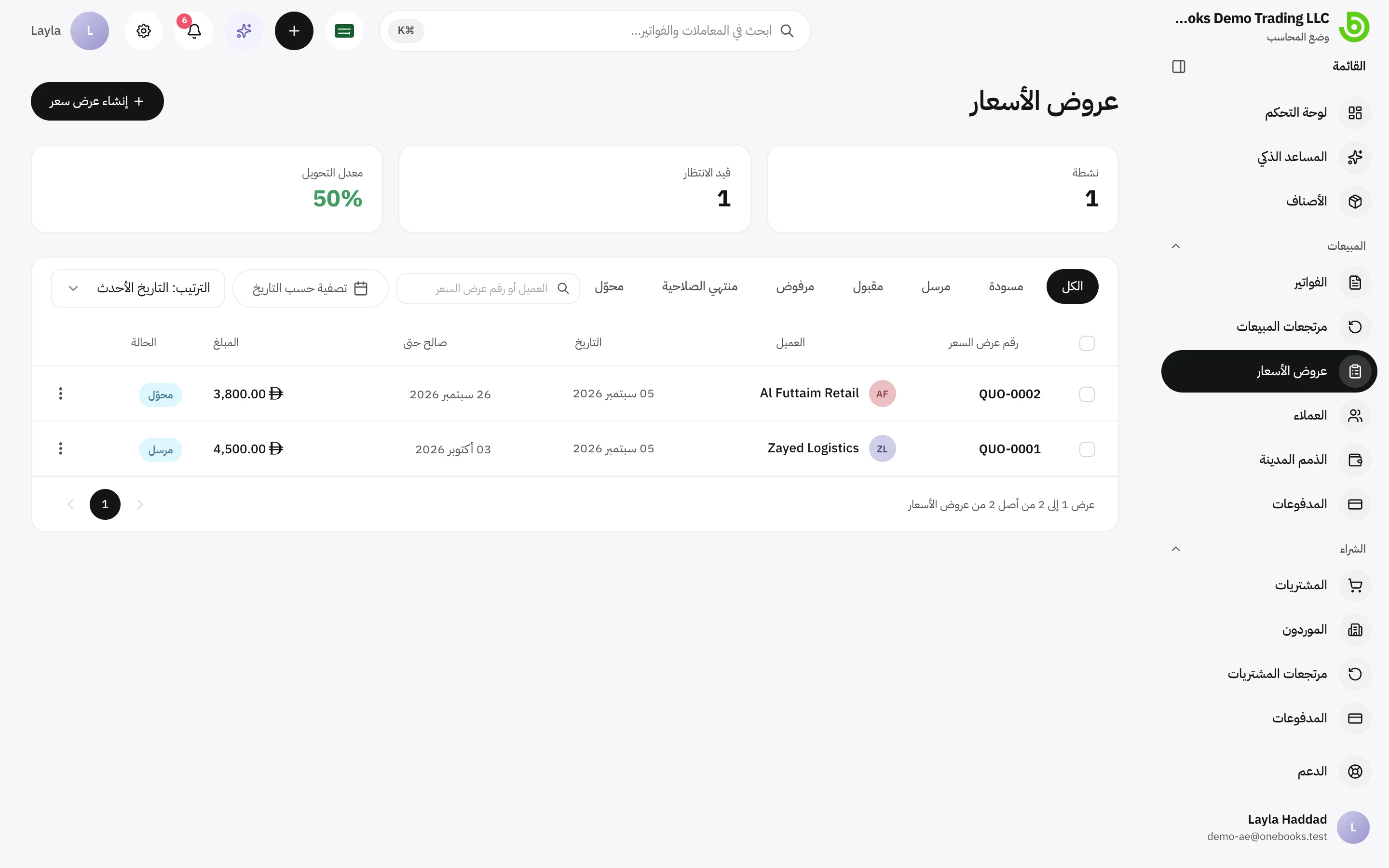 قائمة عروض الأسعار مع أرقام العروض النشطة والمعلّقة ومعدل التحويل