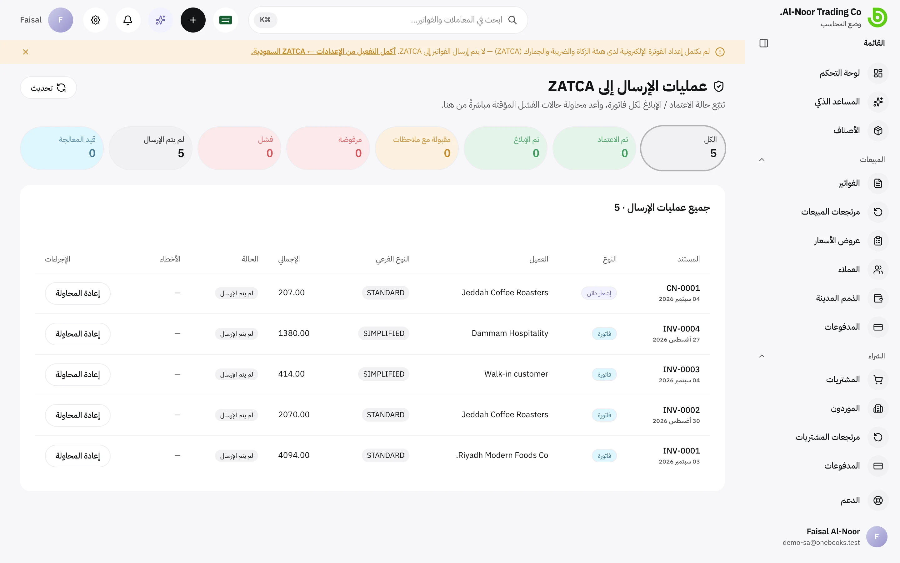 لوحة معلومات عمليات الإرسال إلى ZATCA مع المستندات قيد المعالجة والمعتمدة والمبلَّغ عنها والمرفوضة
