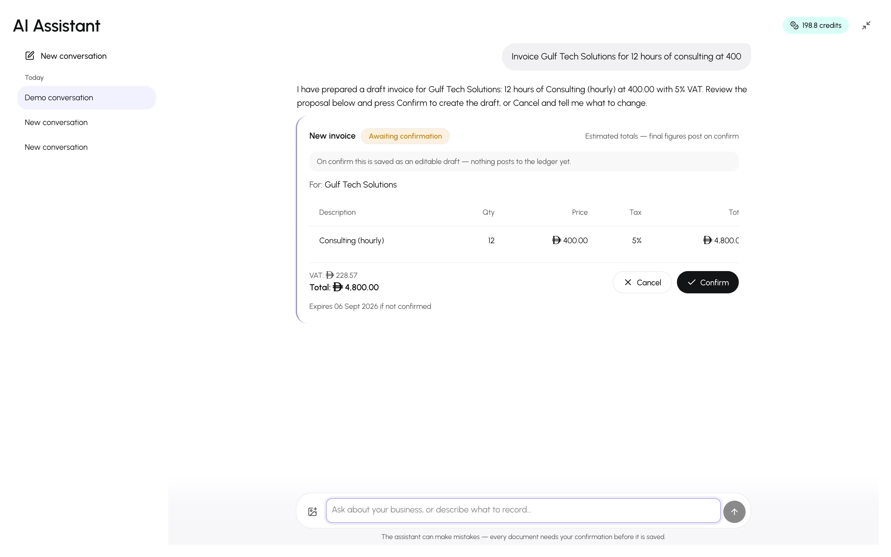 A proposal card for a new invoice with customer, lines, totals and Confirm and Cancel buttons