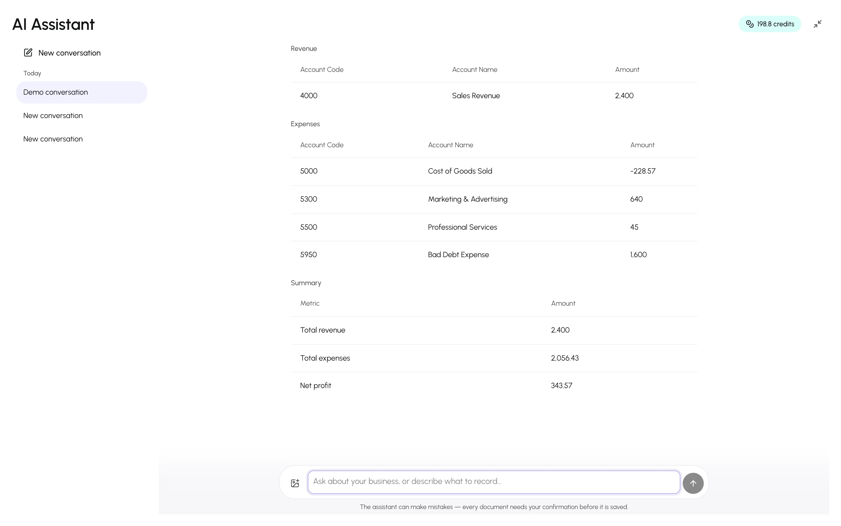 A conversation where the assistant answers a profit-and-loss question with a summary and a report card
