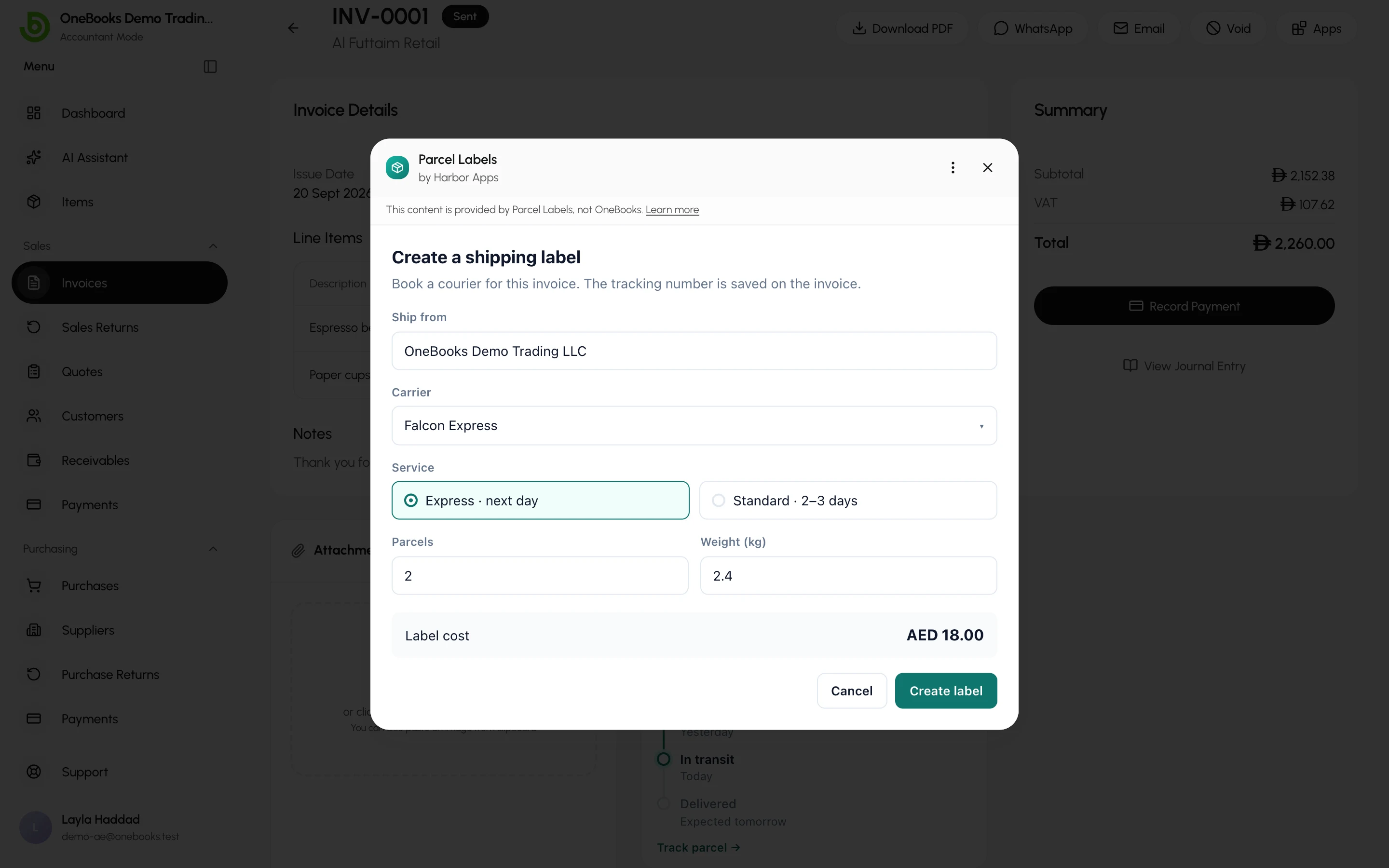 An app’s action in a dialog over the invoice, with the app’s name and developer, the provided-by note and Close