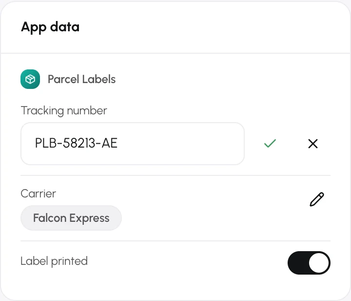 The App data card with a field in edit mode, and the Save field and Cancel edit buttons