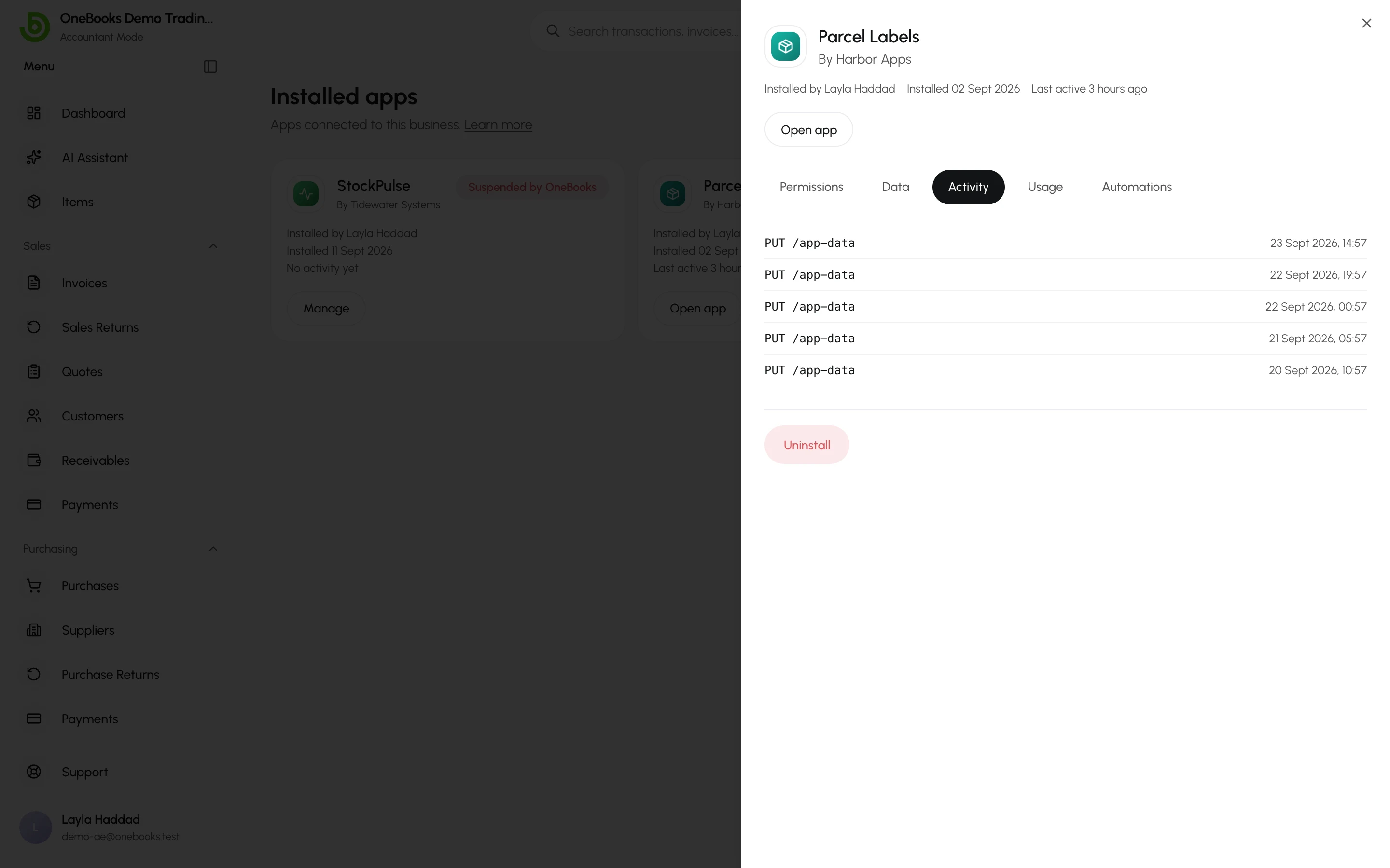 The Activity tab lists each change the app made, with the date and time