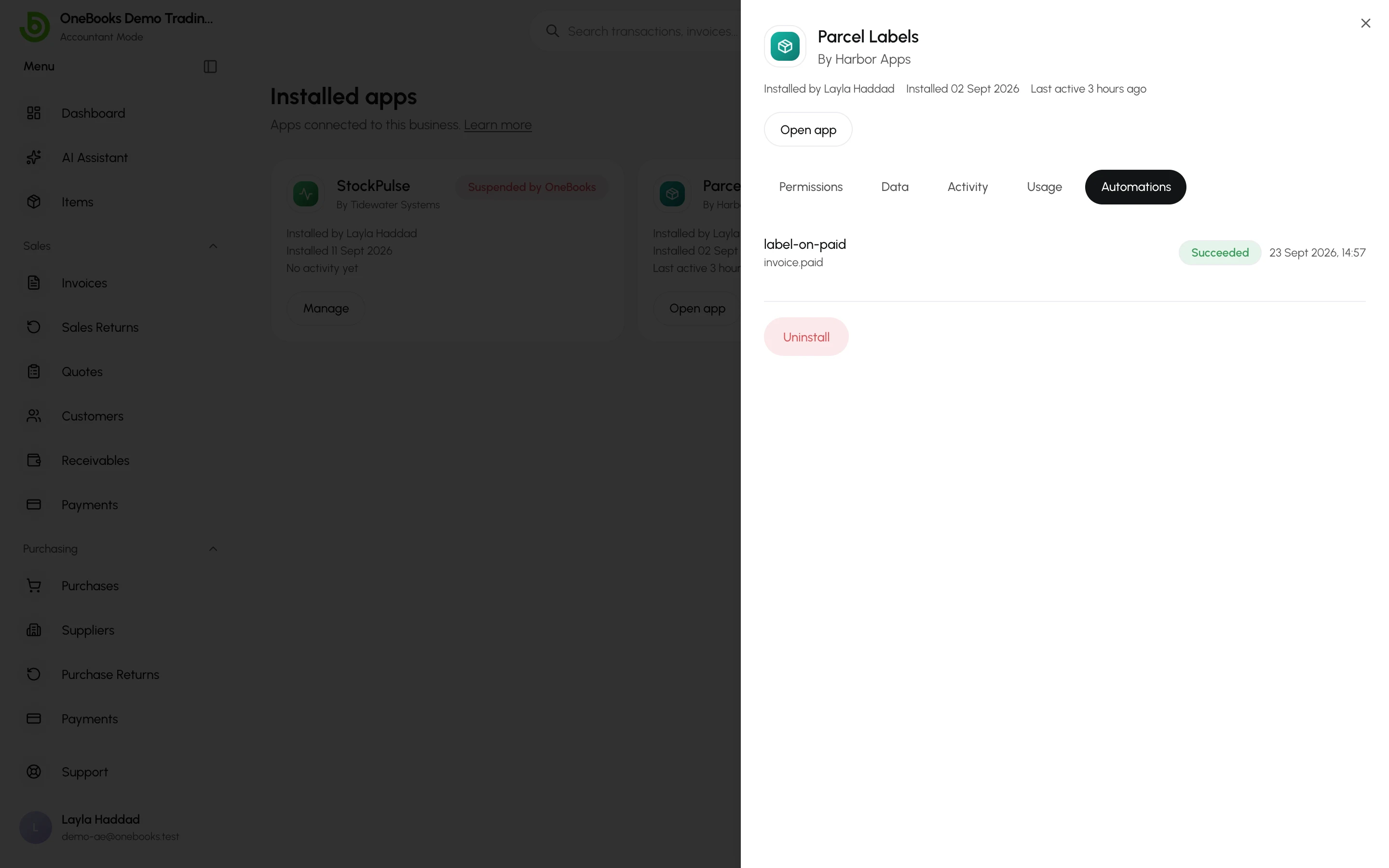 The Automations tab with a run started by invoice.paid, marked Succeeded