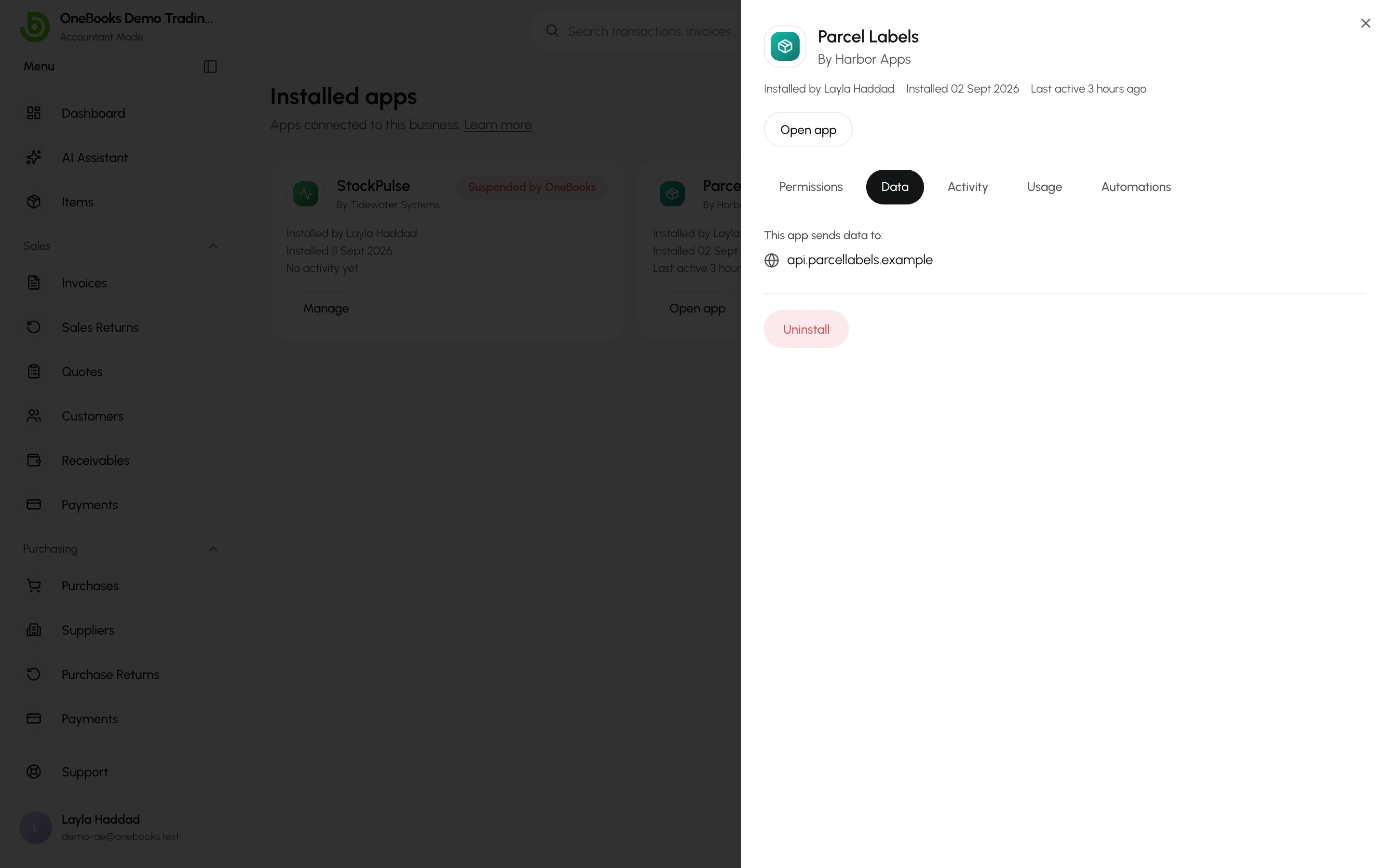 The Data tab listing the outside destination the app’s automations can send data to