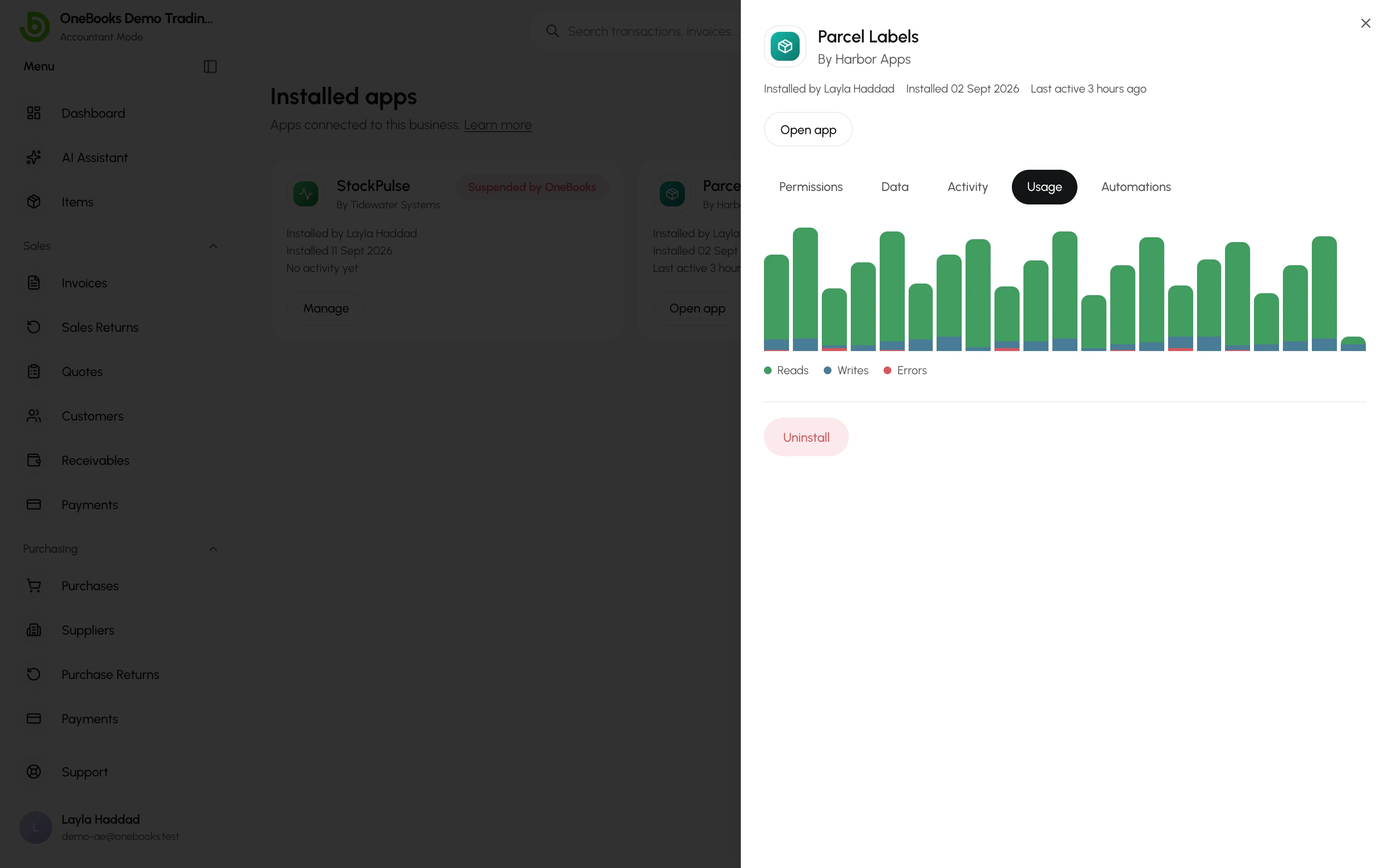 The Usage tab: a day-by-day chart of reads, writes and errors