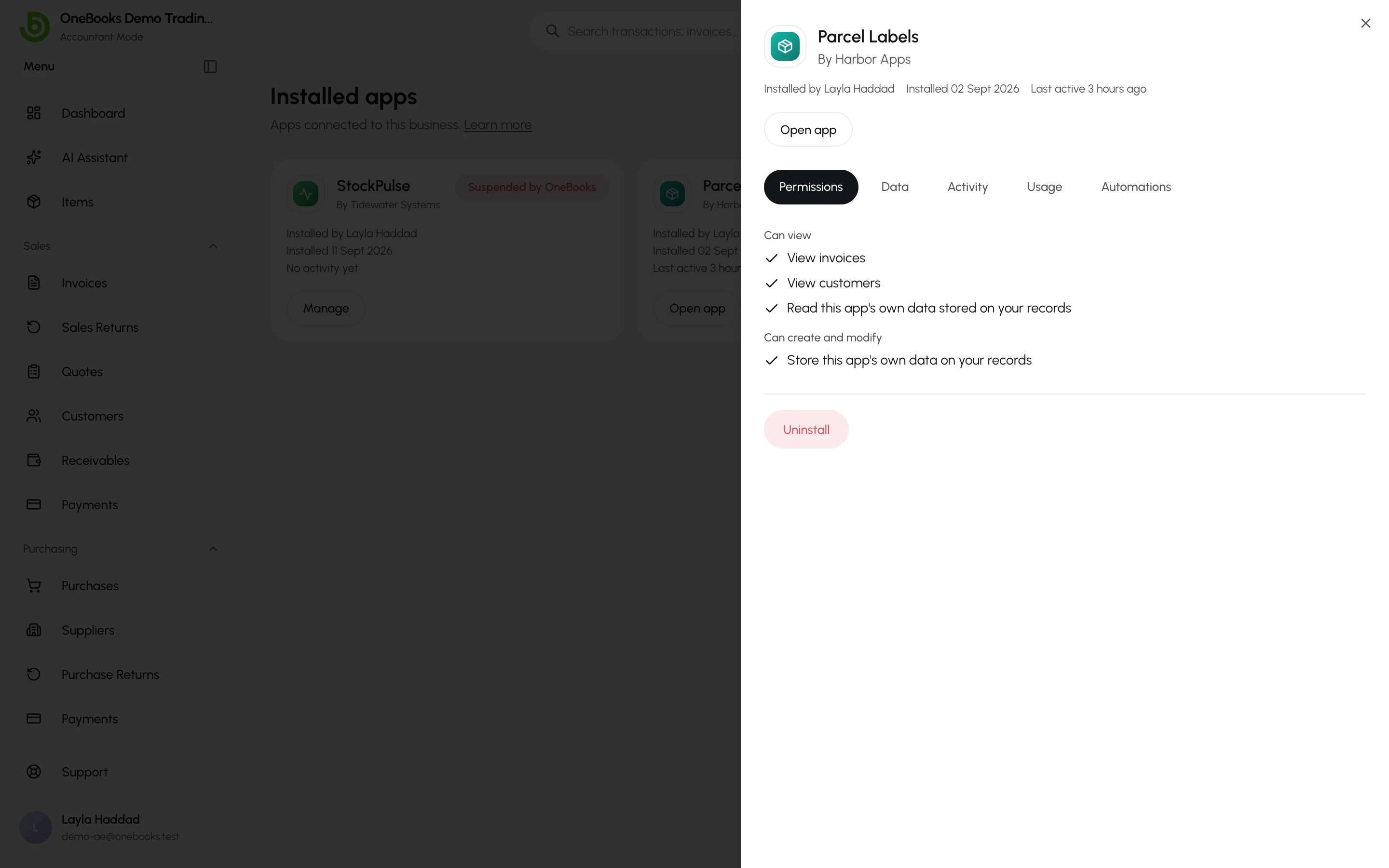 An app’s manage drawer on the Permissions tab, with Open app and Uninstall