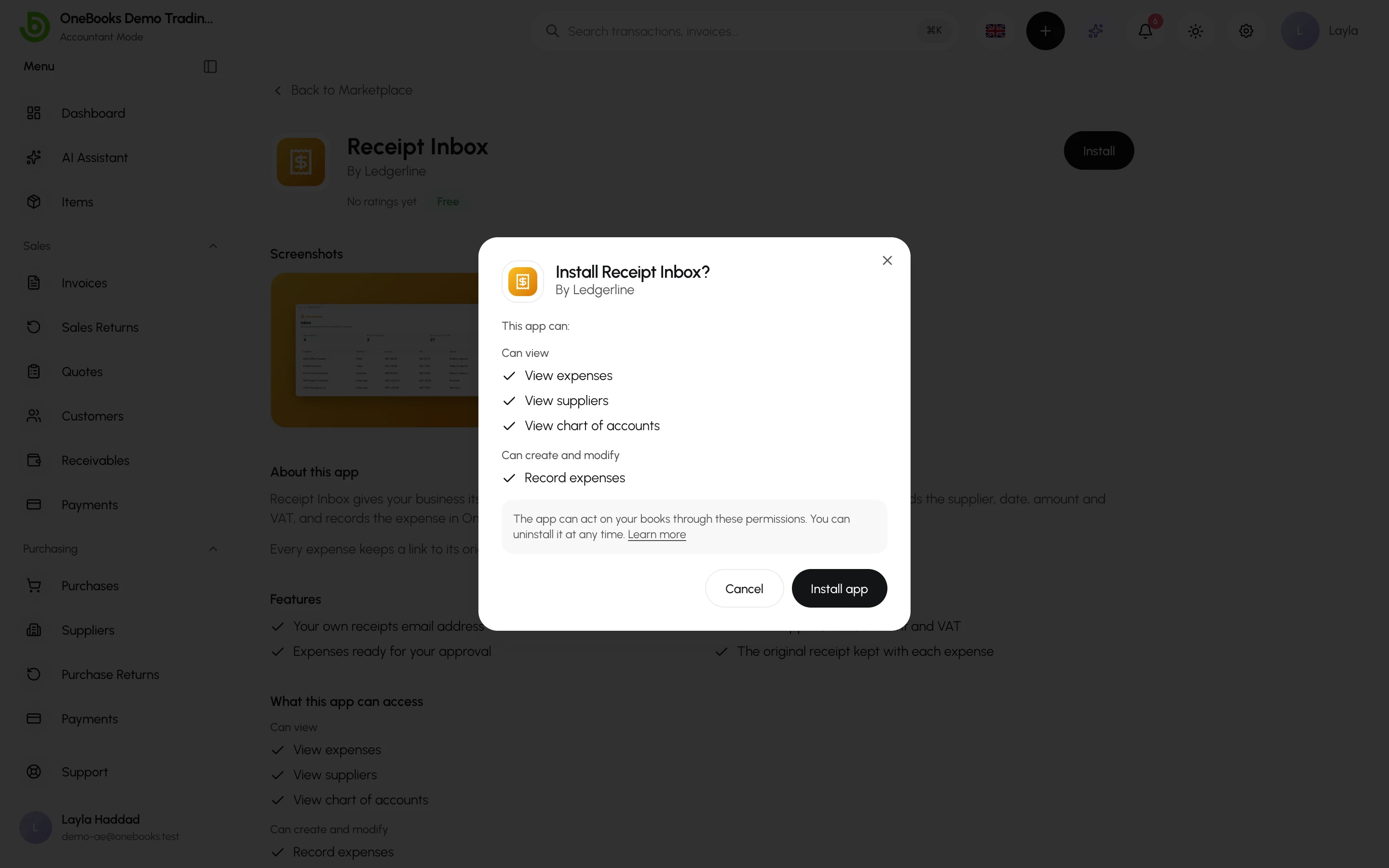 The install dialog for Receipt Inbox: what the app can do, the note about uninstalling, and Cancel or Install app