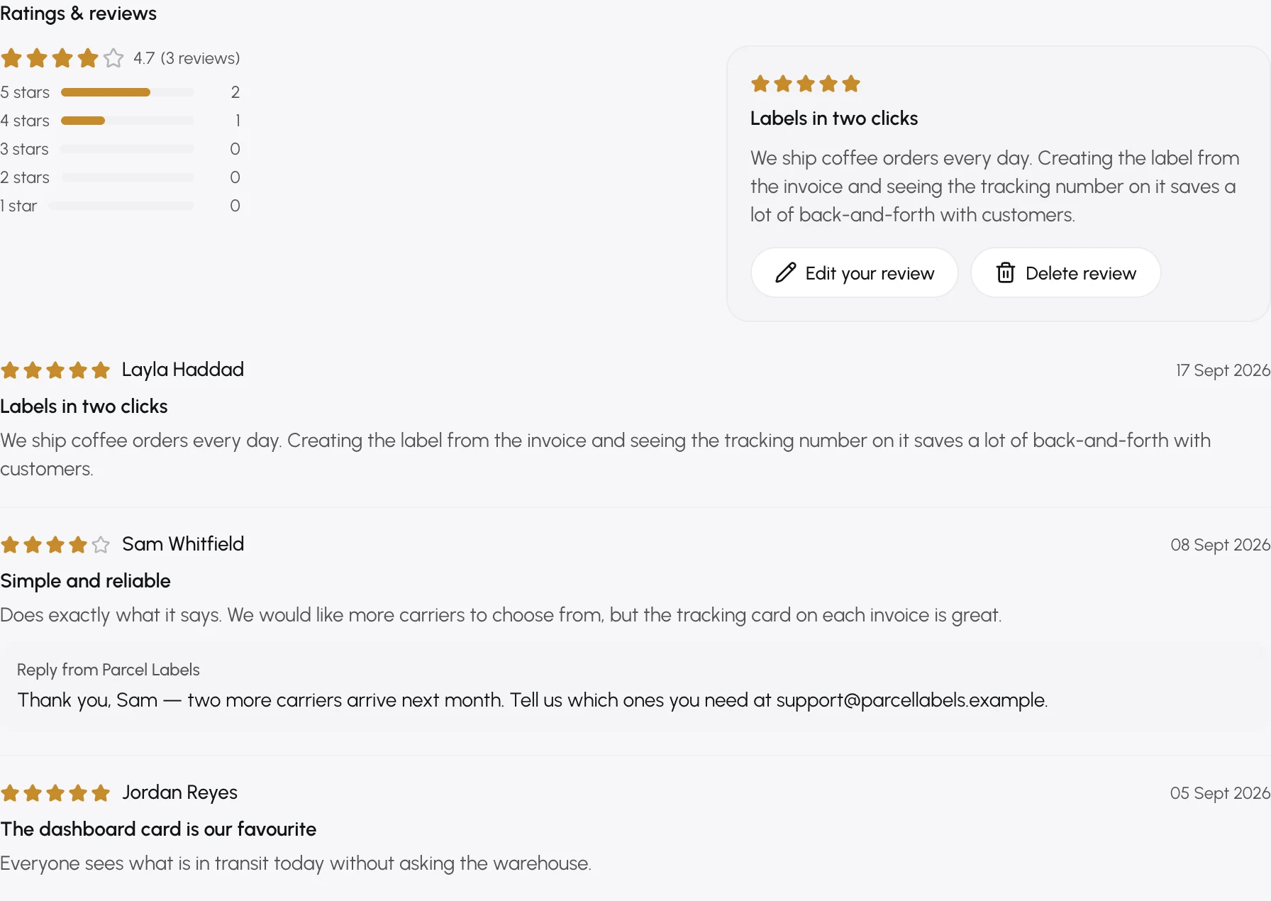 Ratings & reviews: the rating summary, your business’s review with Edit your review and Delete review, and a reply from the developer