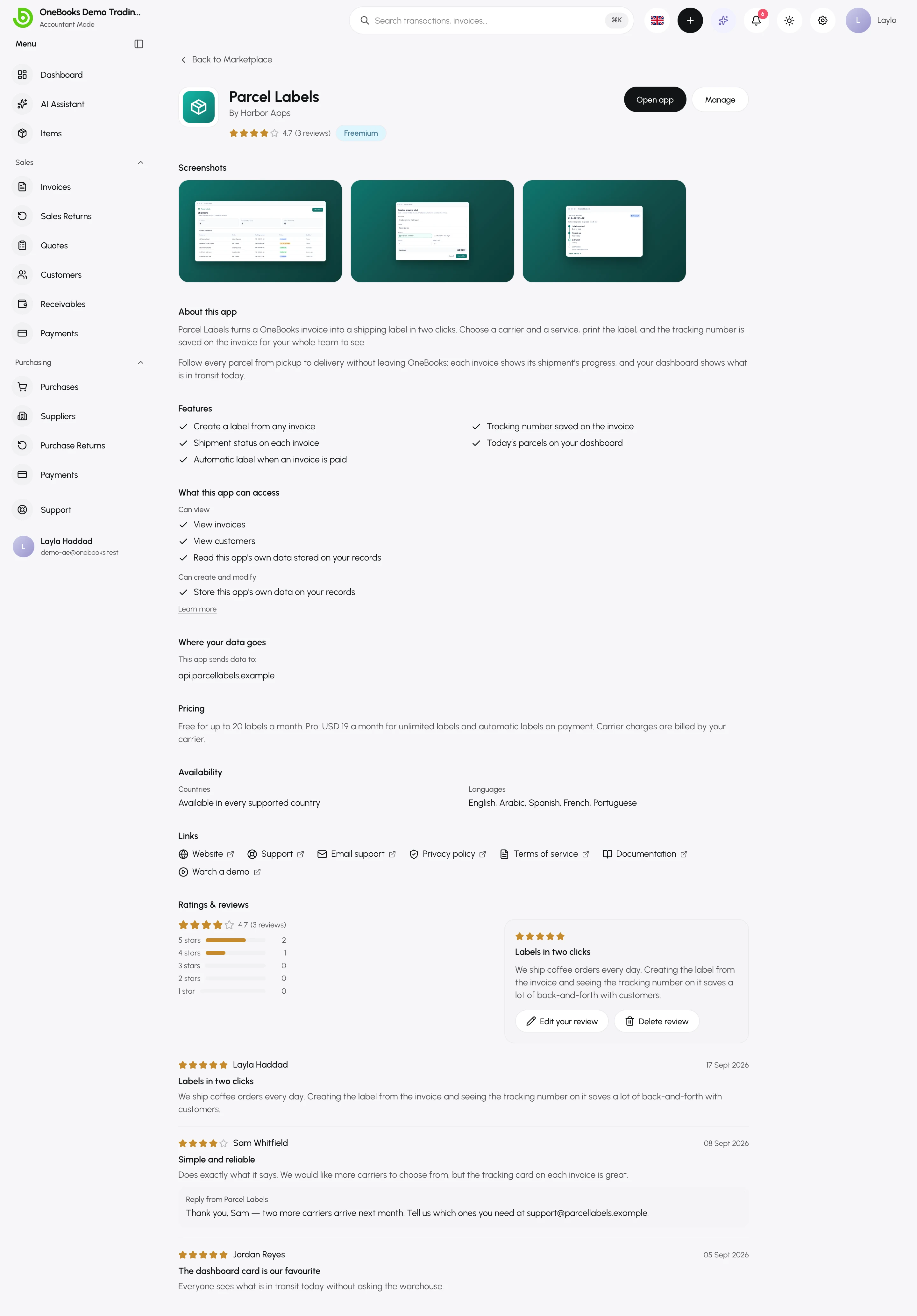 An installed app’s listing: Open app and Manage, screenshots, About this app, Features, permissions, where the data goes, pricing, availability, links and reviews