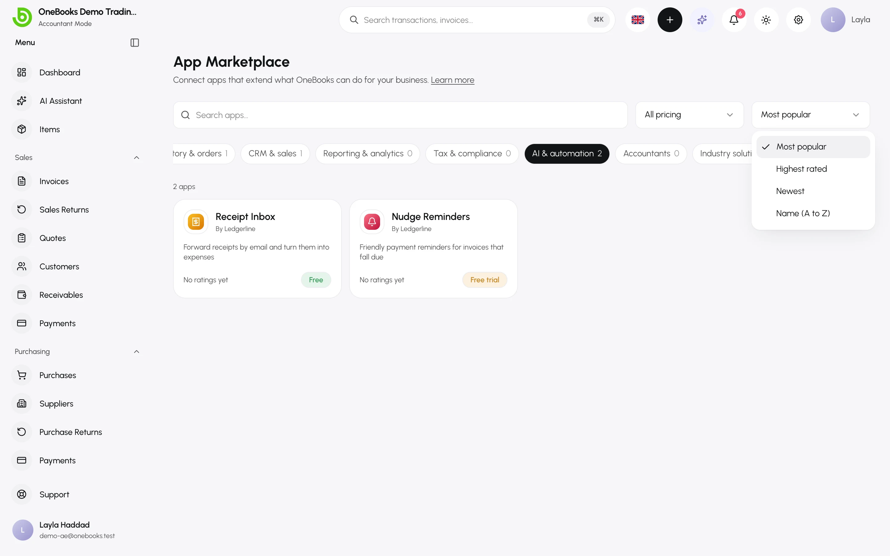 The marketplace filtered to the AI & automation category, with the Sort by menu open