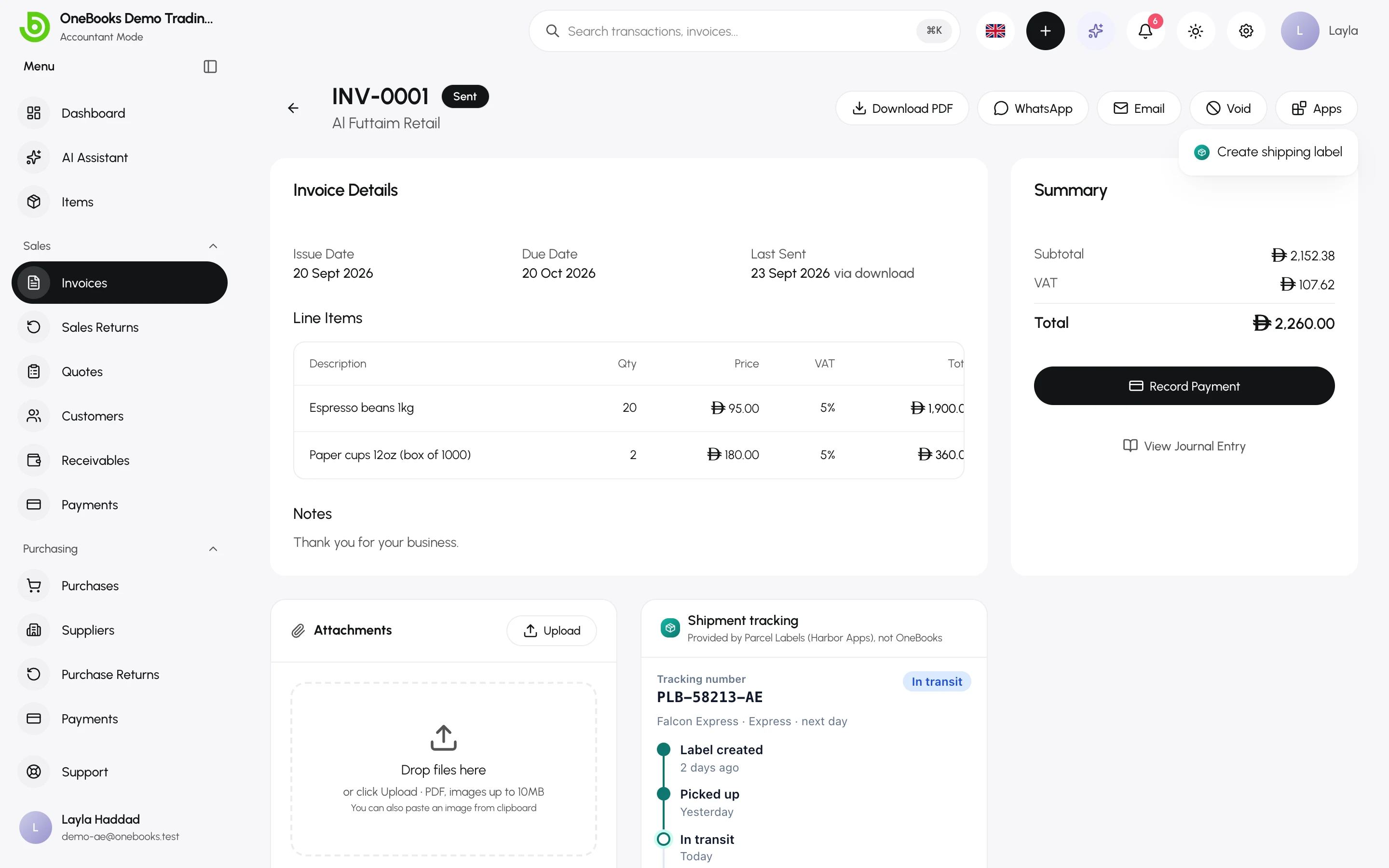 An invoice with its Apps menu open on an app’s action