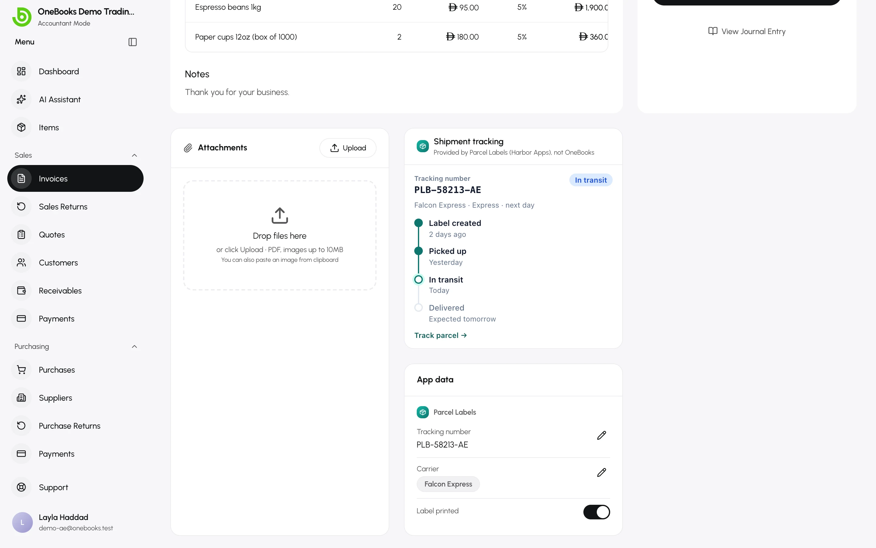 An invoice with an app’s card and its Provided by line, and the App data card below it