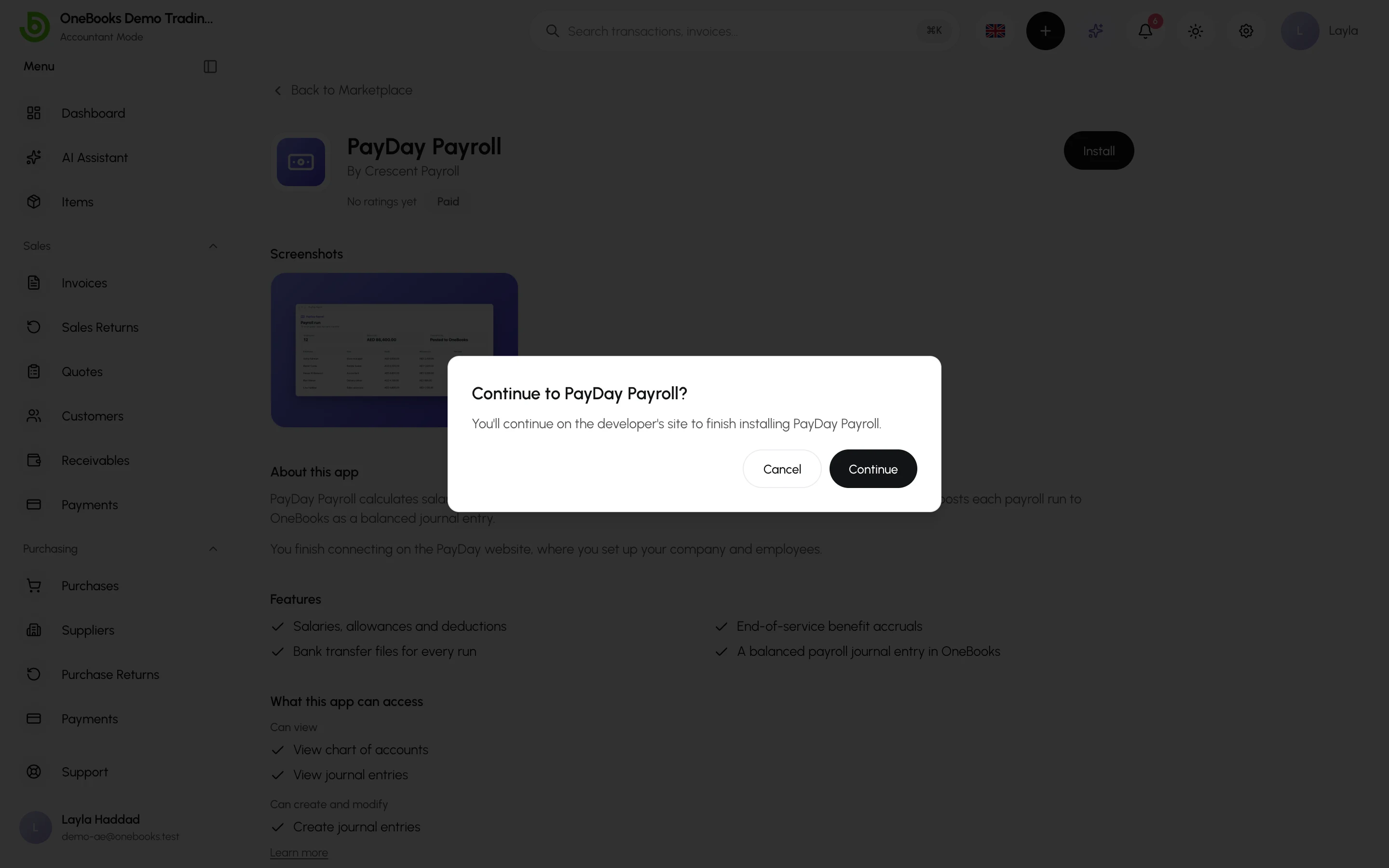 The prompt to continue to PayDay Payroll’s site to finish installing, with Cancel and Continue