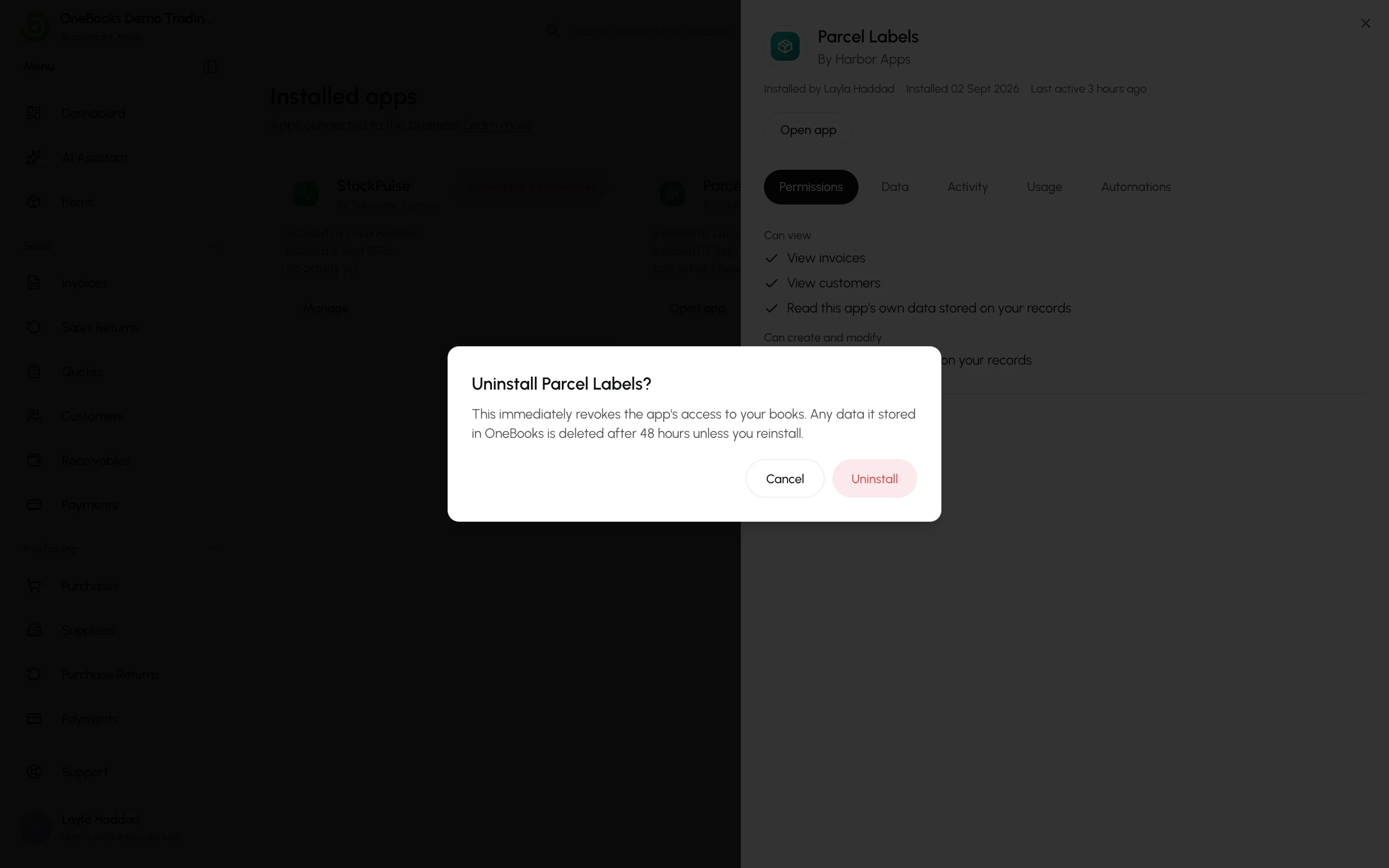 The confirmation before uninstalling Parcel Labels, with Cancel and Uninstall