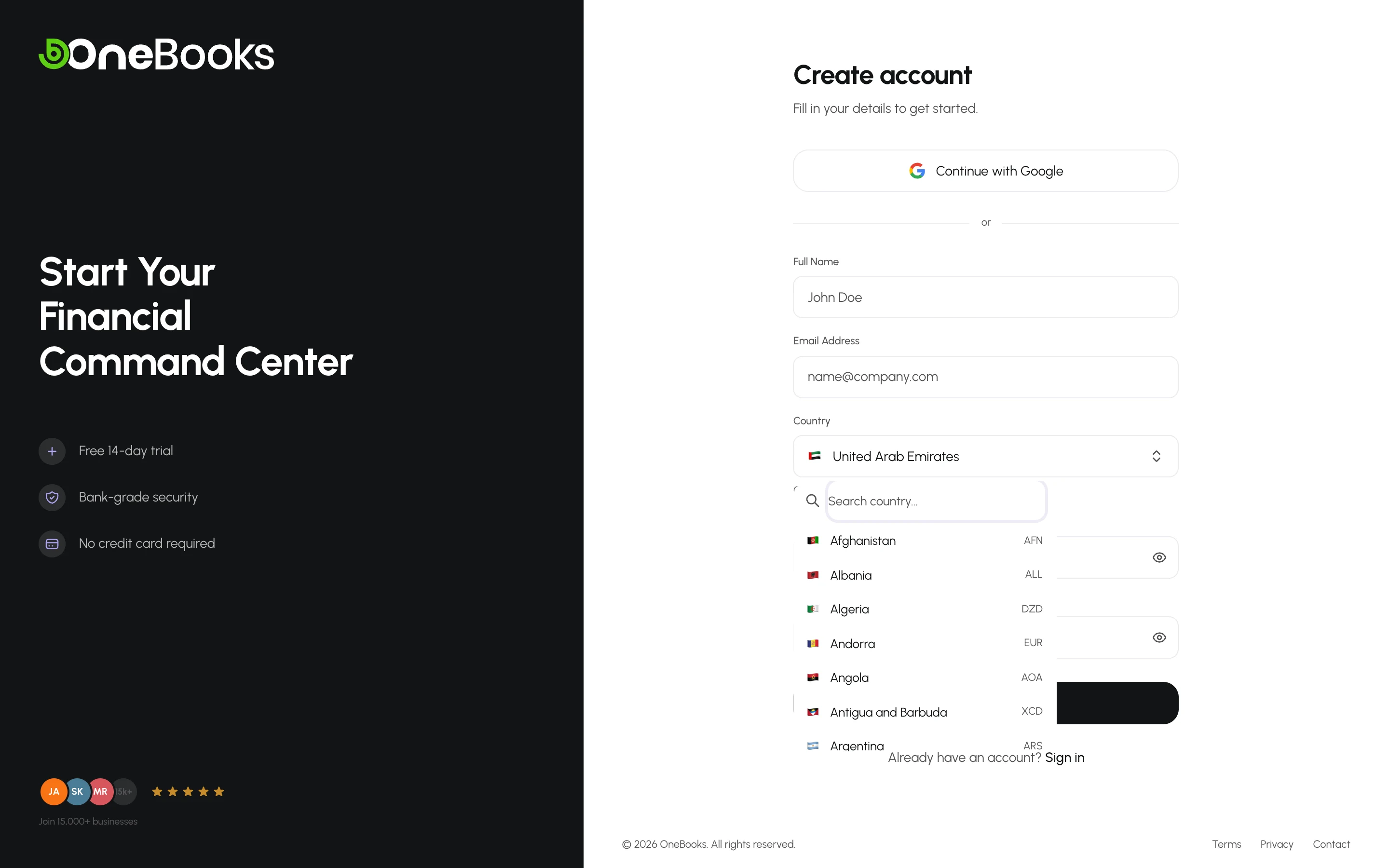 The country list open on the sign-up form, with a search box and flags