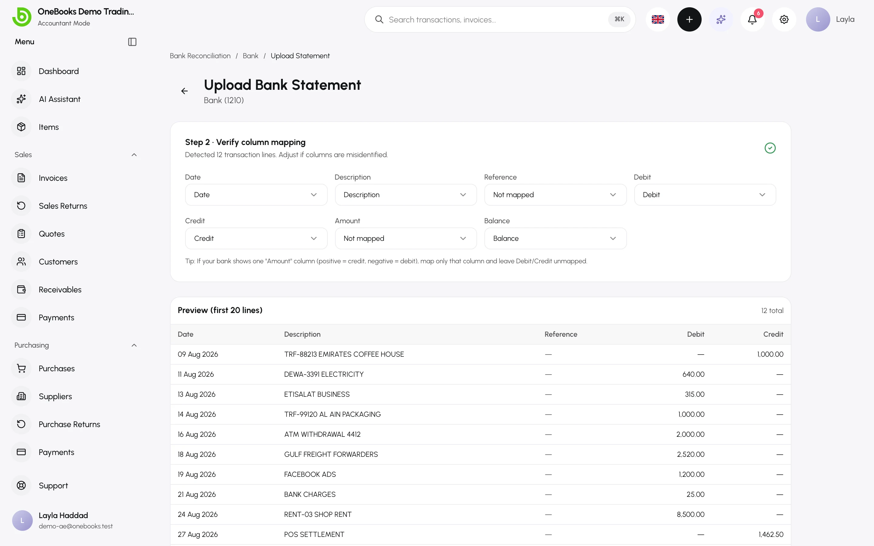 Step 2 of the upload wizard showing detected columns and the first transaction lines
