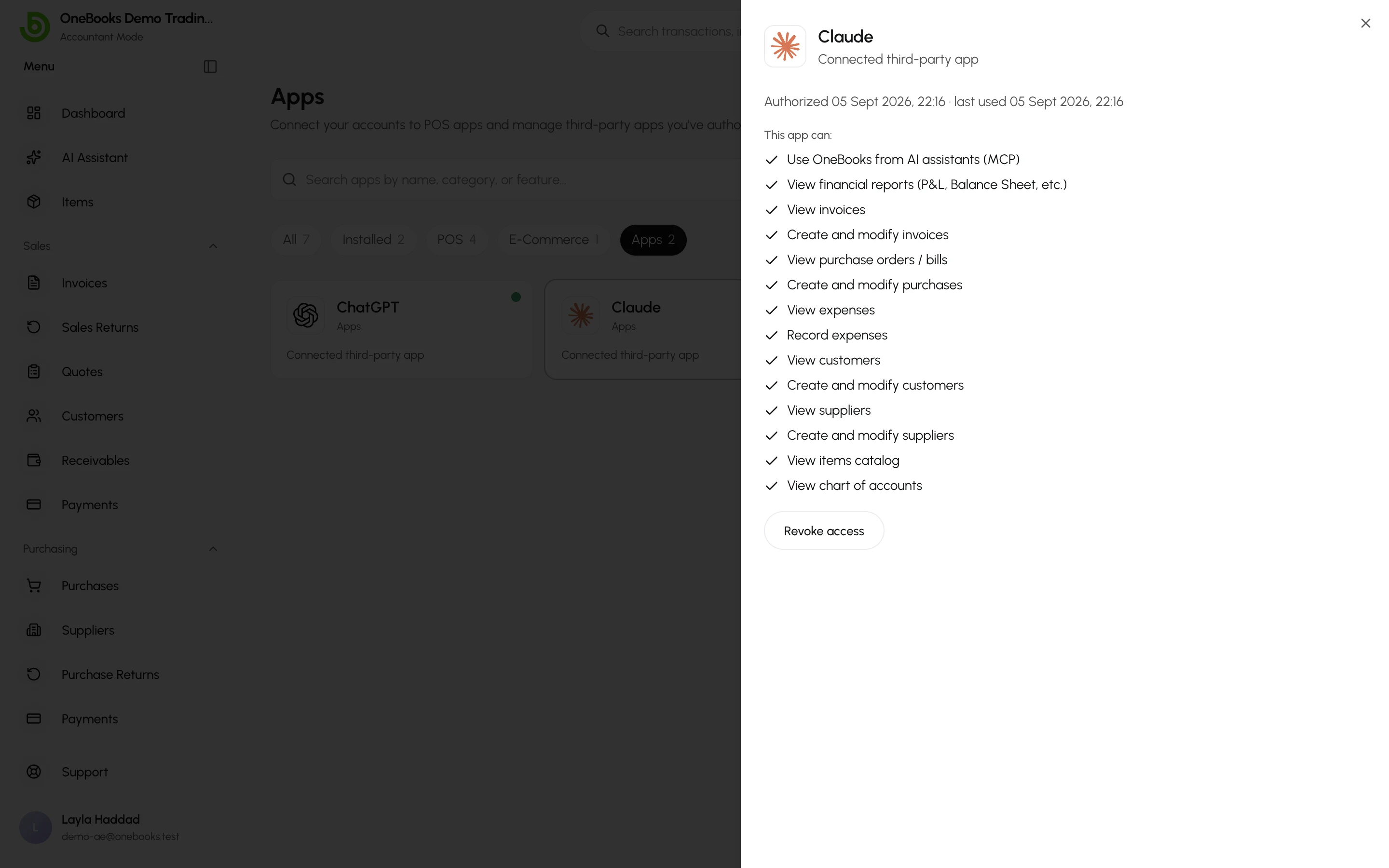 The Claude connected-app panel listing its permissions with the Revoke access button