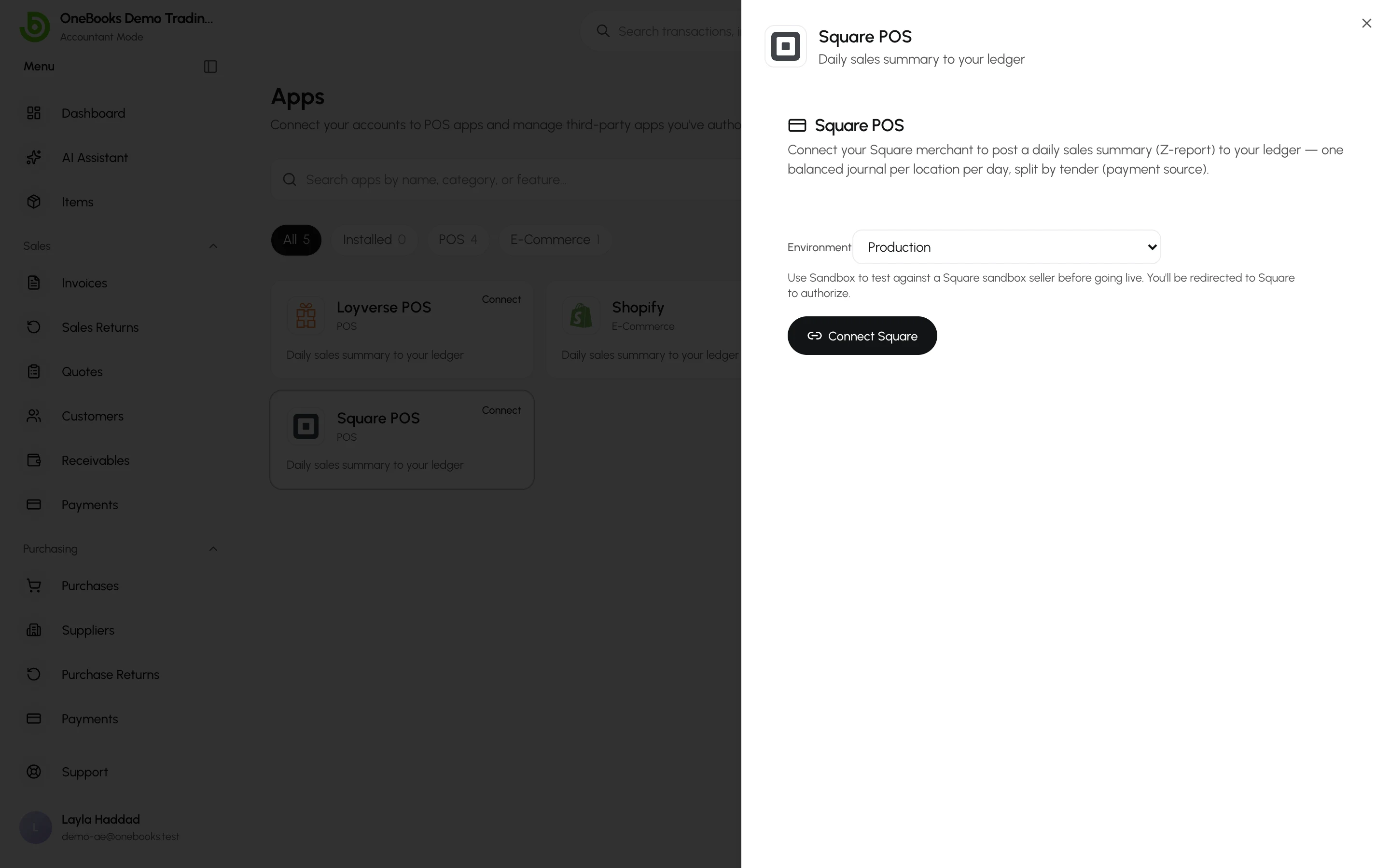 The Square connection page in Apps