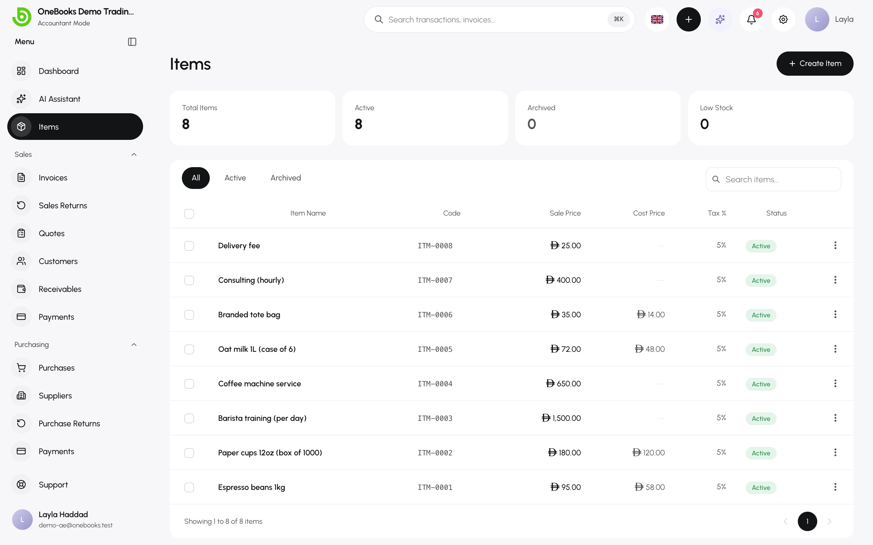 The Items list with active and archived tabs, prices and tax rates