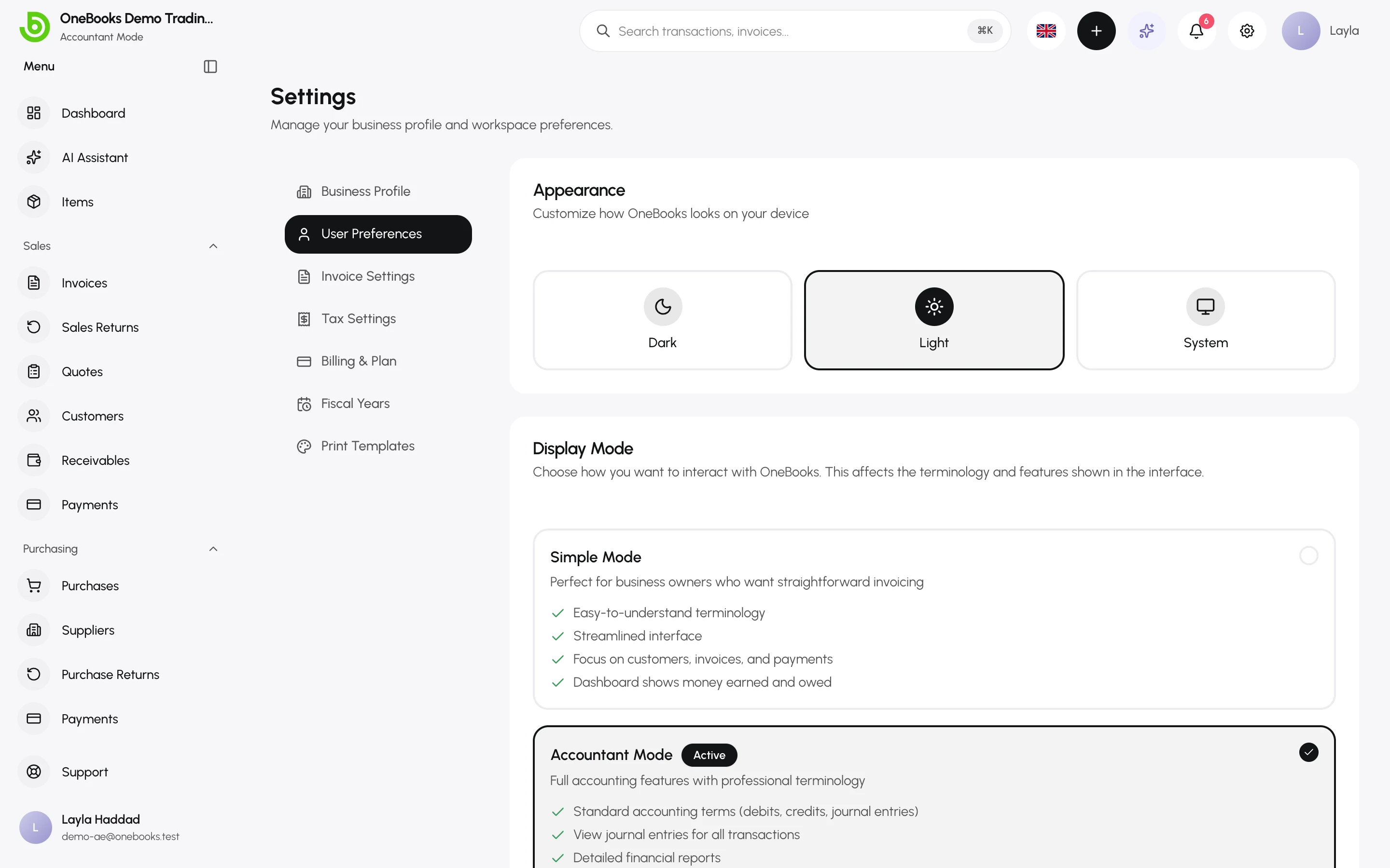 The Display Mode section in Settings, offering Simple Mode and Accountant Mode cards