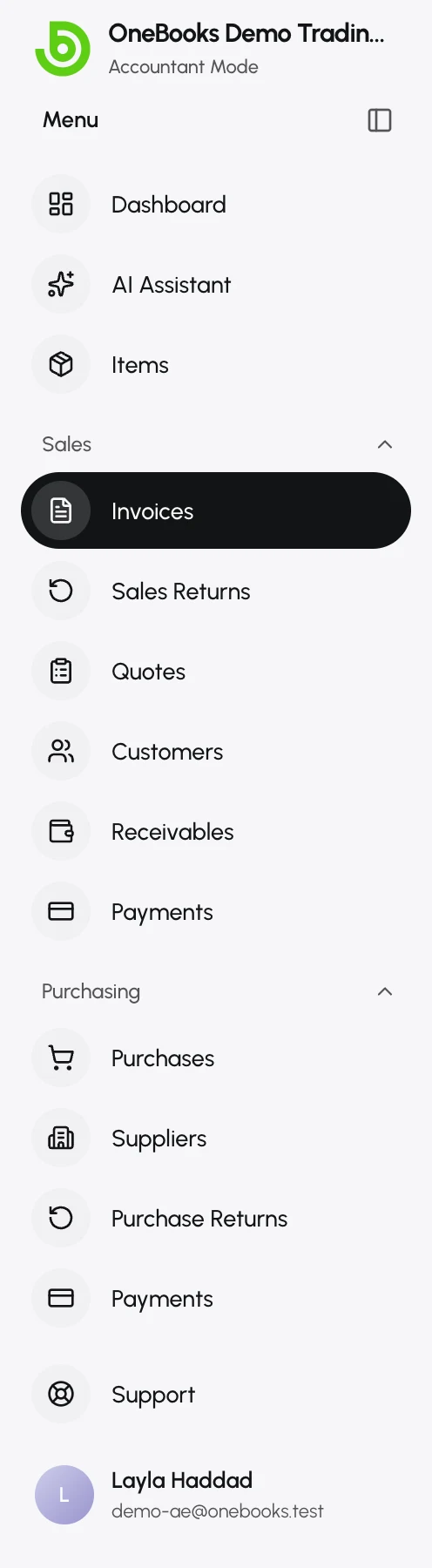 The OneBooks sidebar with Dashboard, AI Assistant, Items, Sales, Purchasing, Expenses, Accounting, Reports, Data and Apps