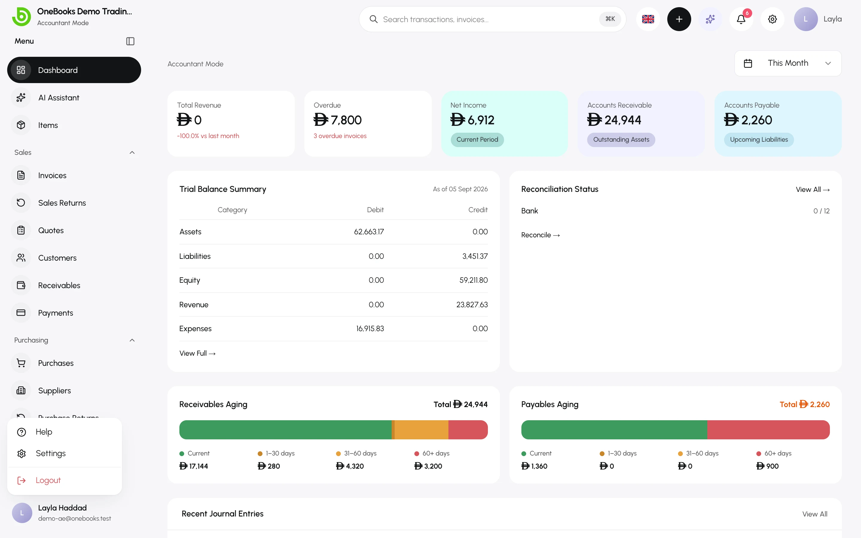 The user menu at the bottom of the sidebar with Help, Settings and Logout