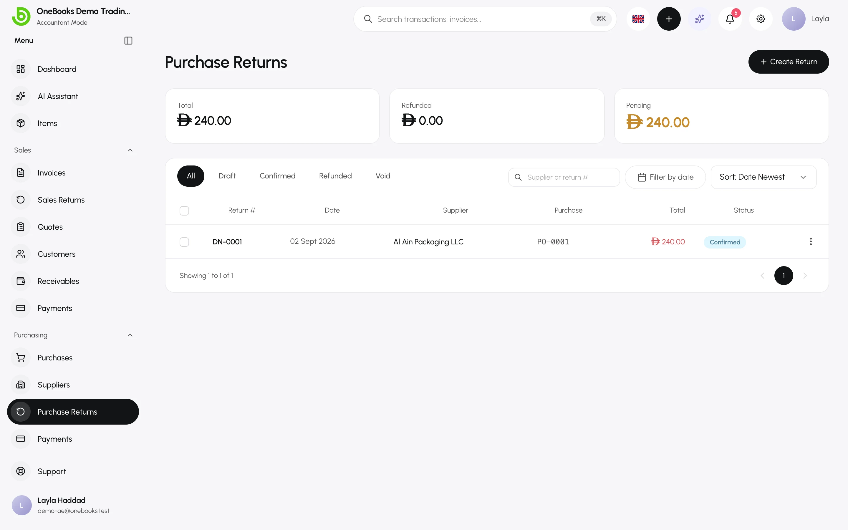 The Purchase Returns list