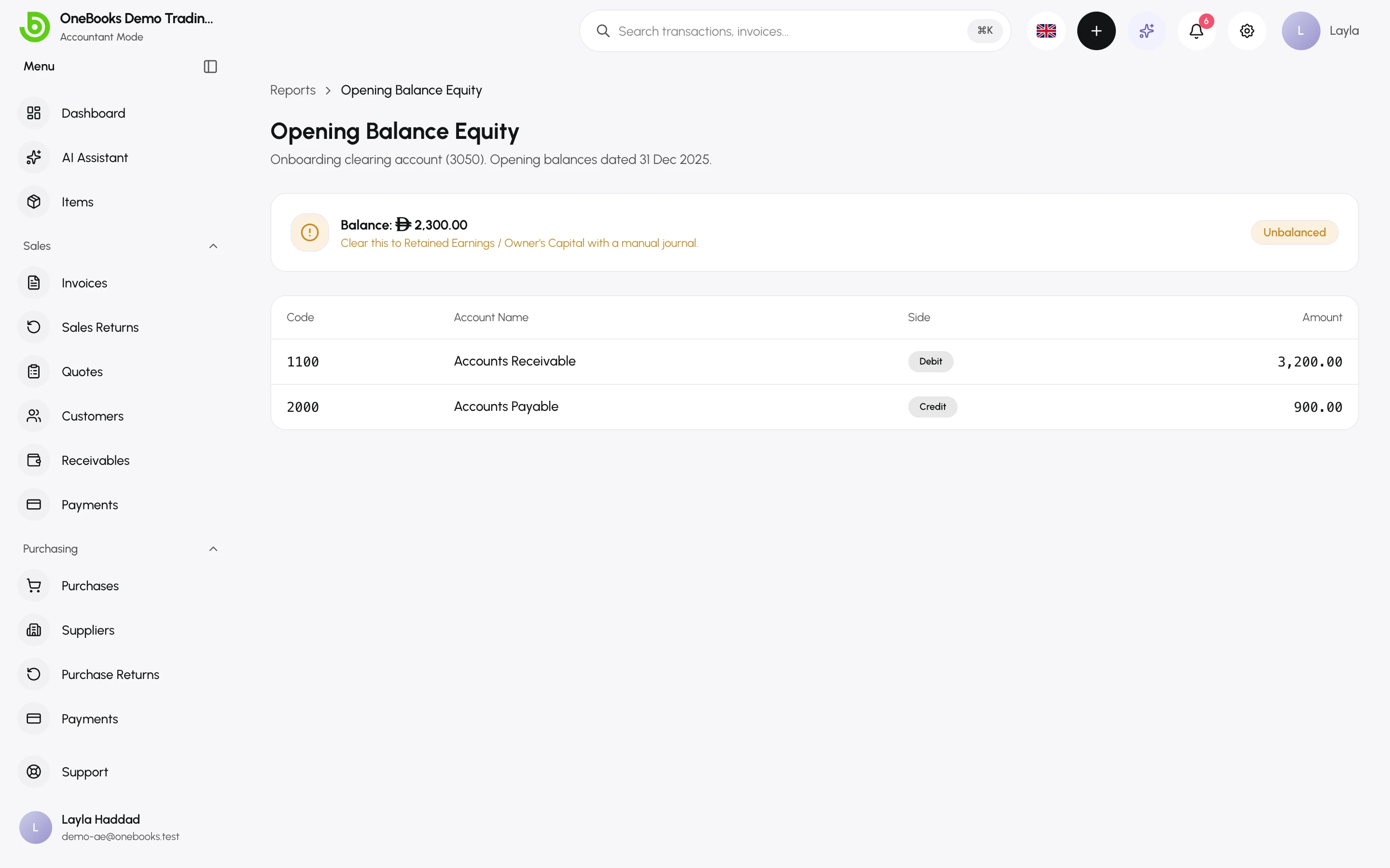 The Opening Balance Equity report listing opening postings