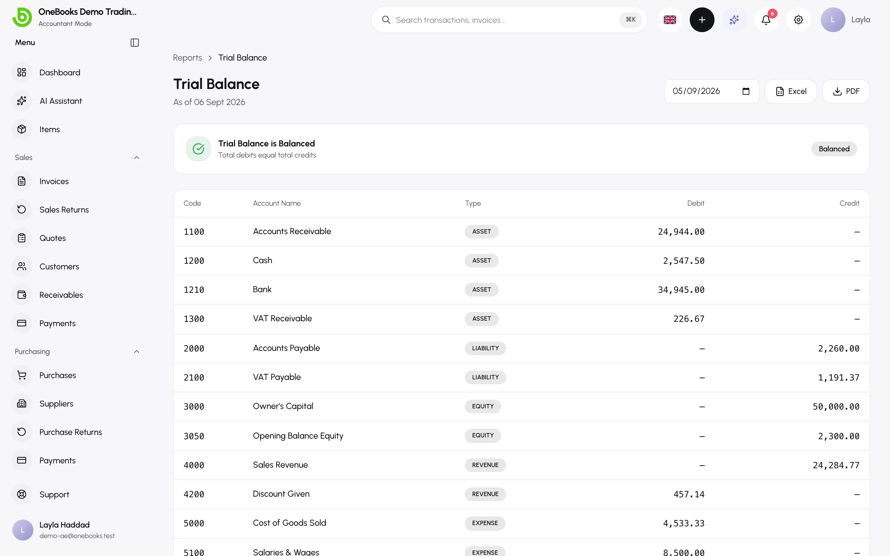The Trial Balance with account codes, debit and credit columns and the Balanced badge