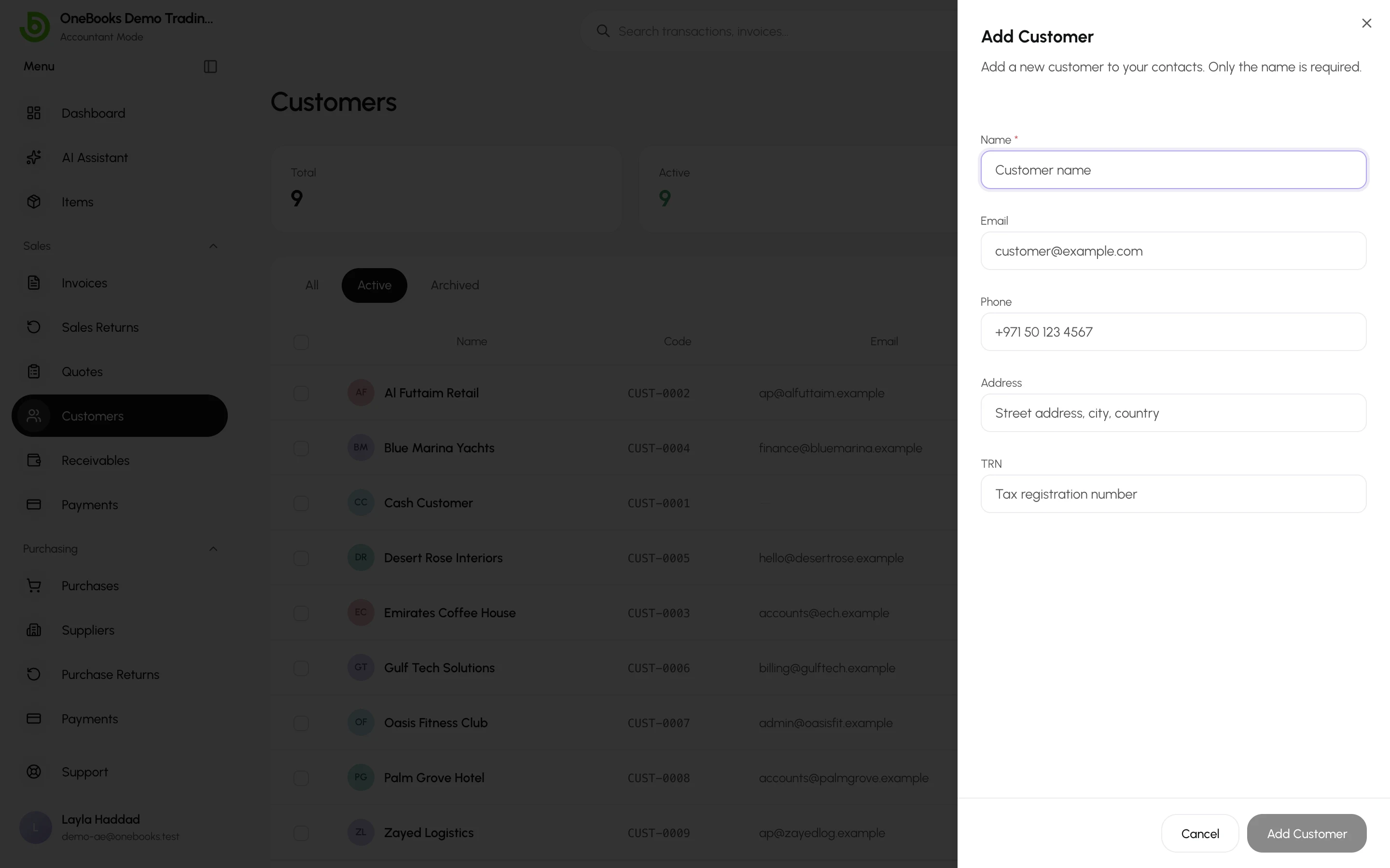 The Add Customer dialog with name, email, phone, address and tax ID fields