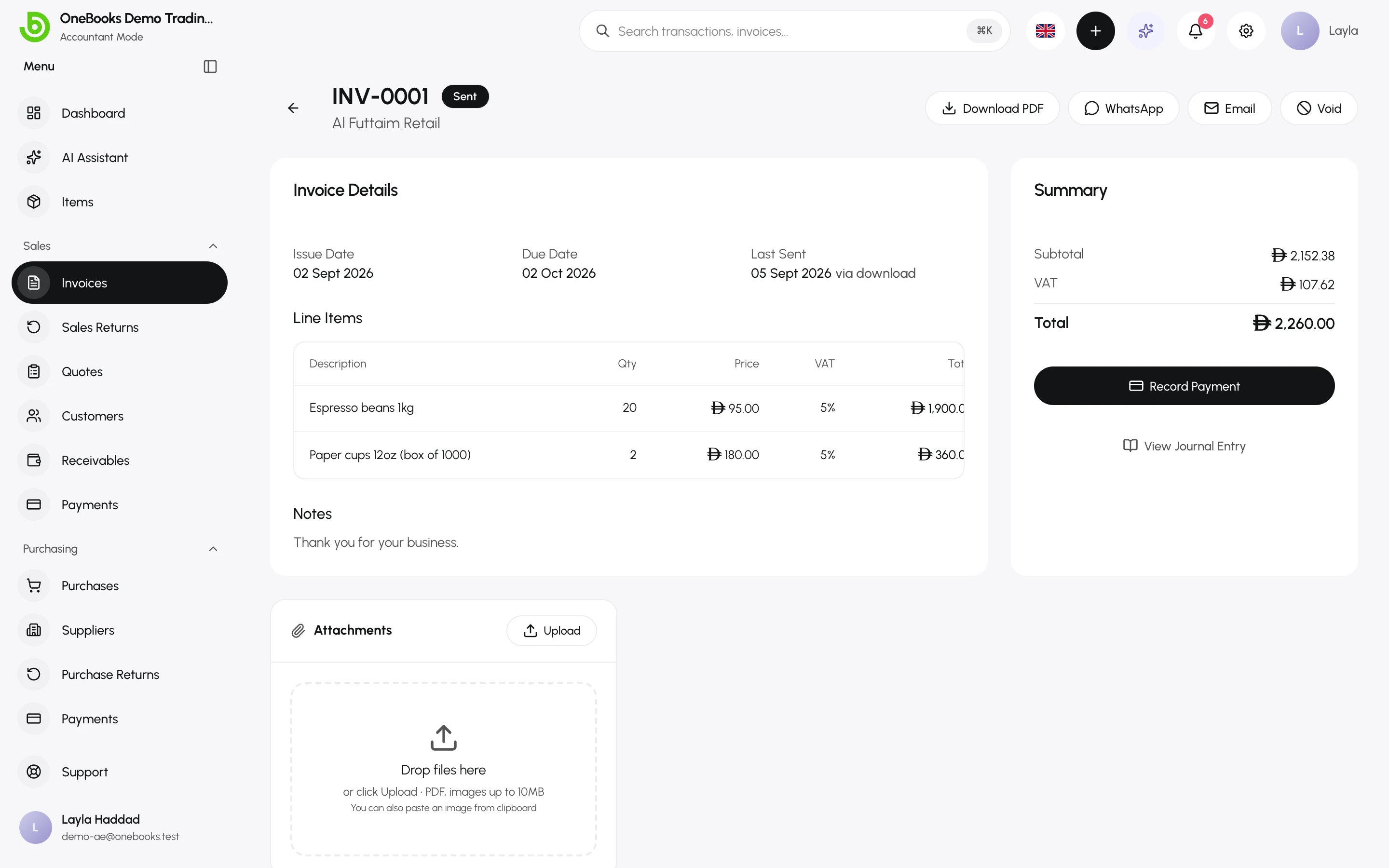 An invoice in Sent status with its PDF, payment and journal actions