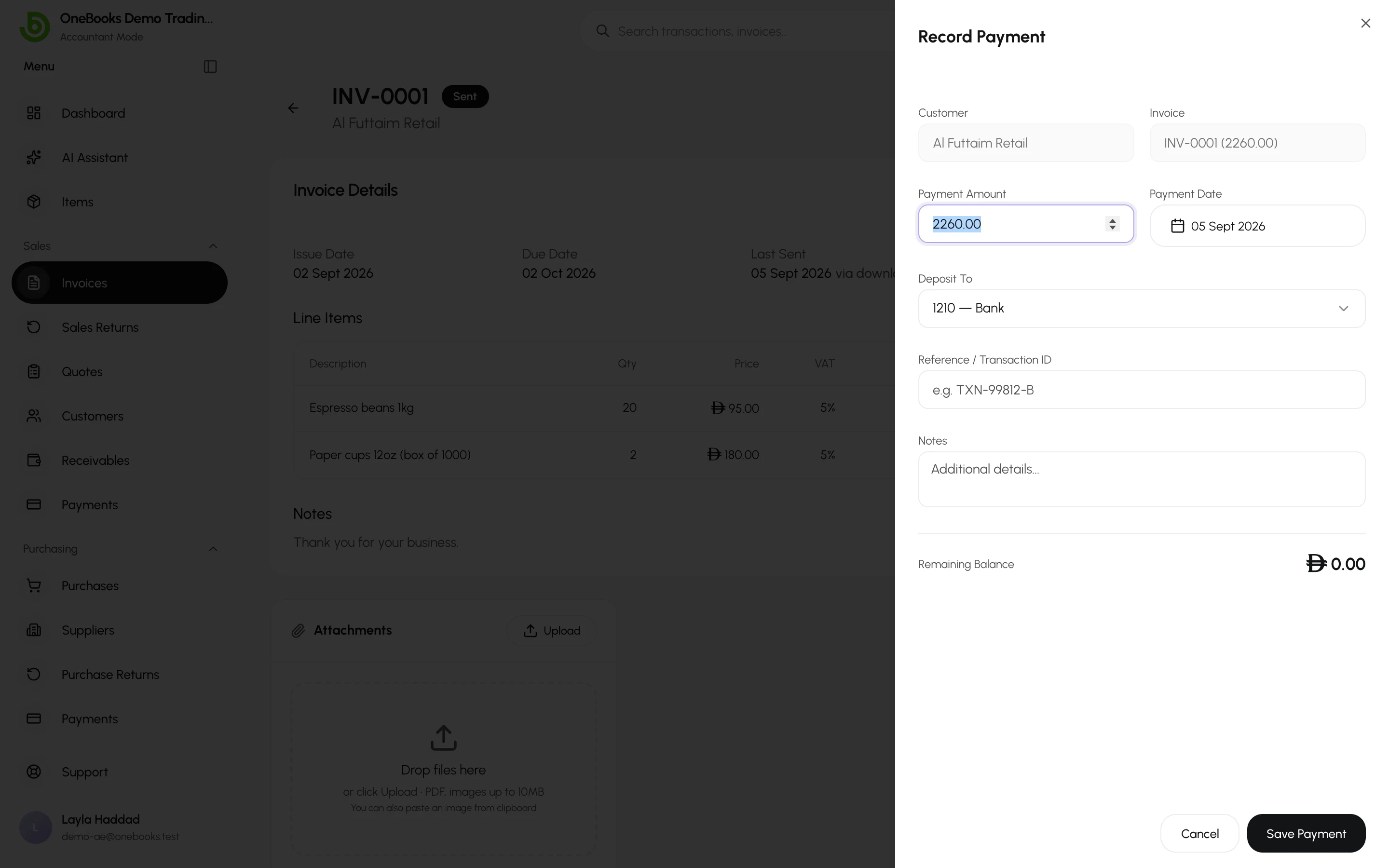 The Record Payment dialog on an invoice with amount, date, method, reference and account