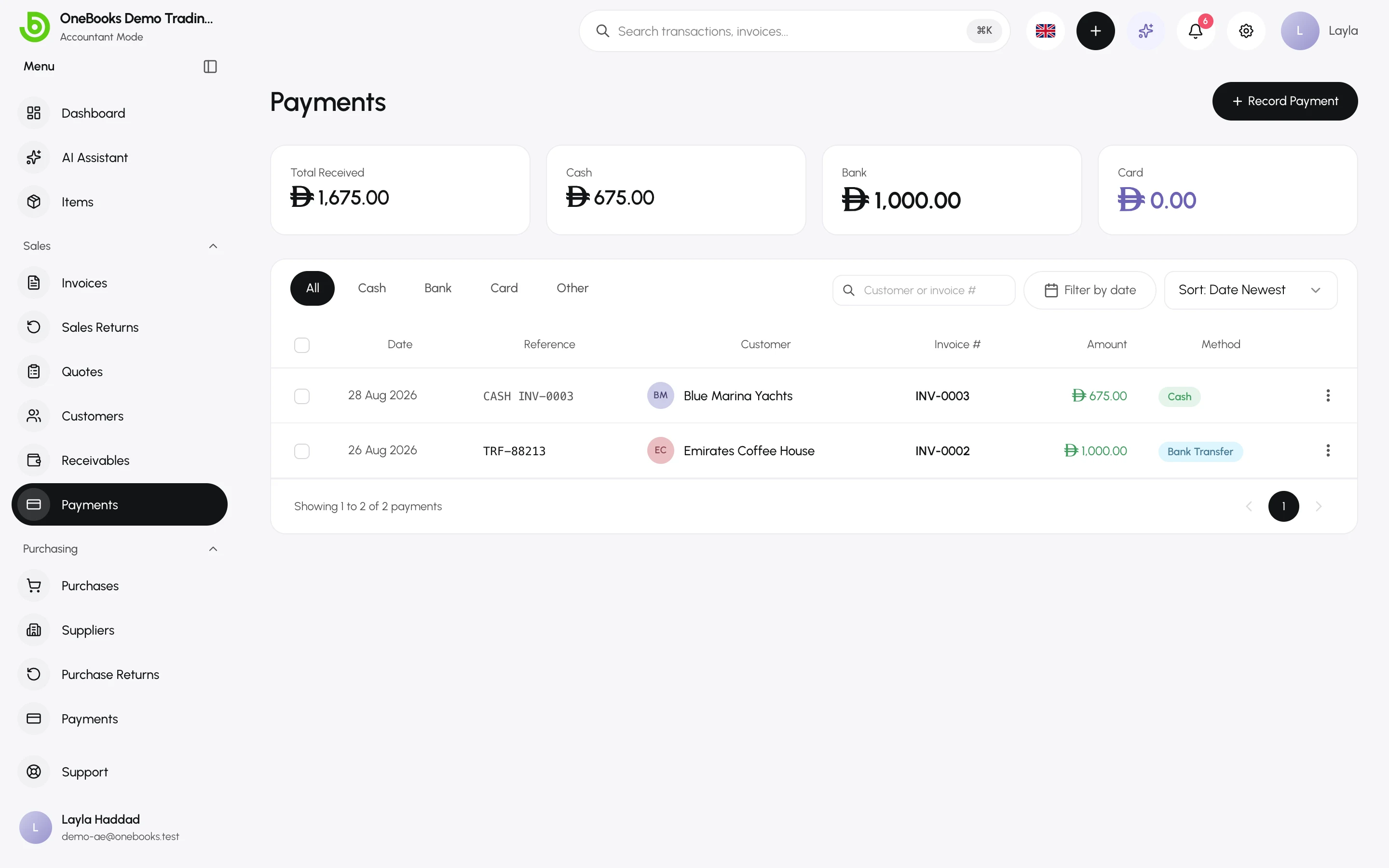 The Payments list with totals by method and a Record Payment button