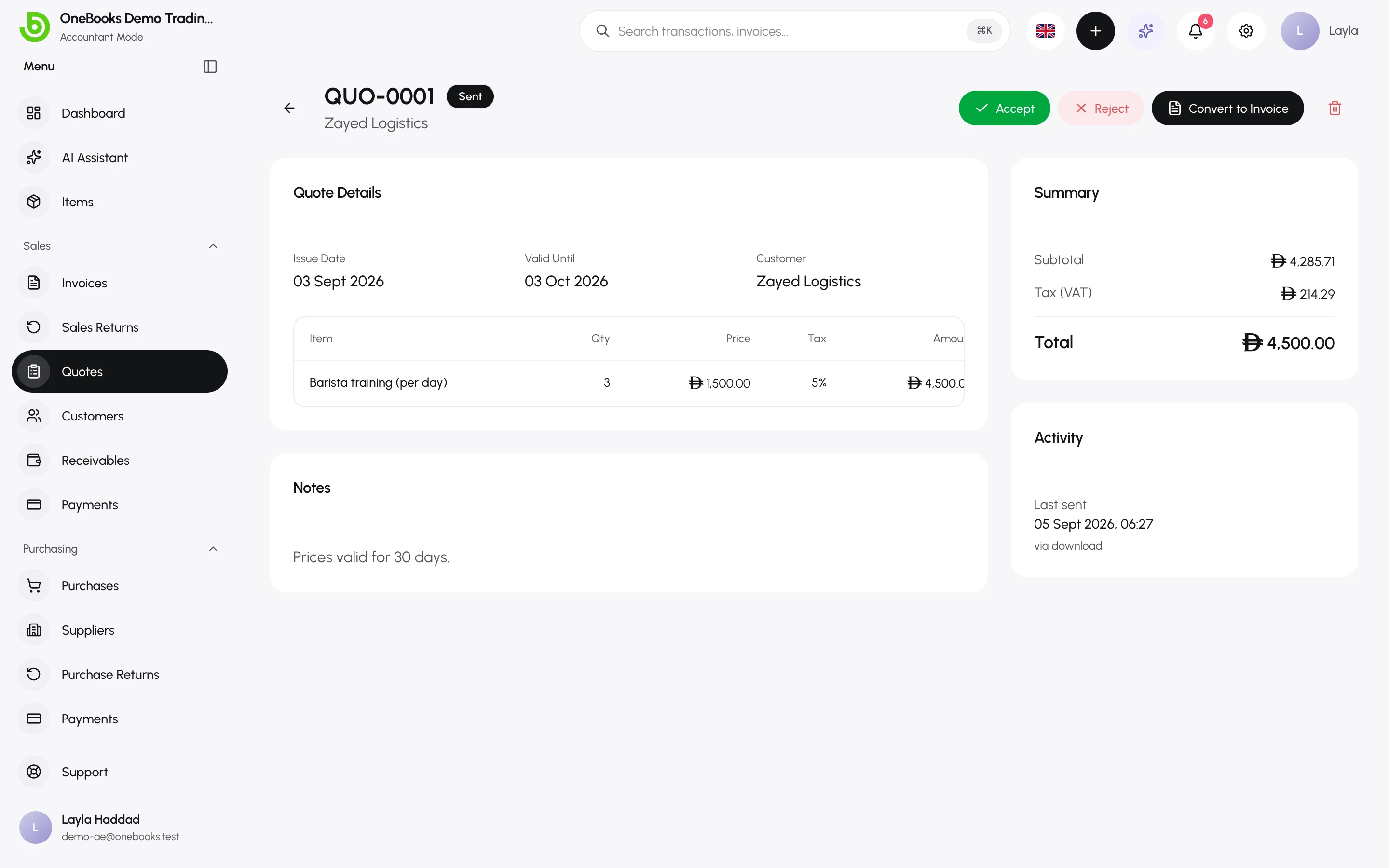 A quote page with its lines, totals and Send, Accept, Reject and Convert to Invoice actions