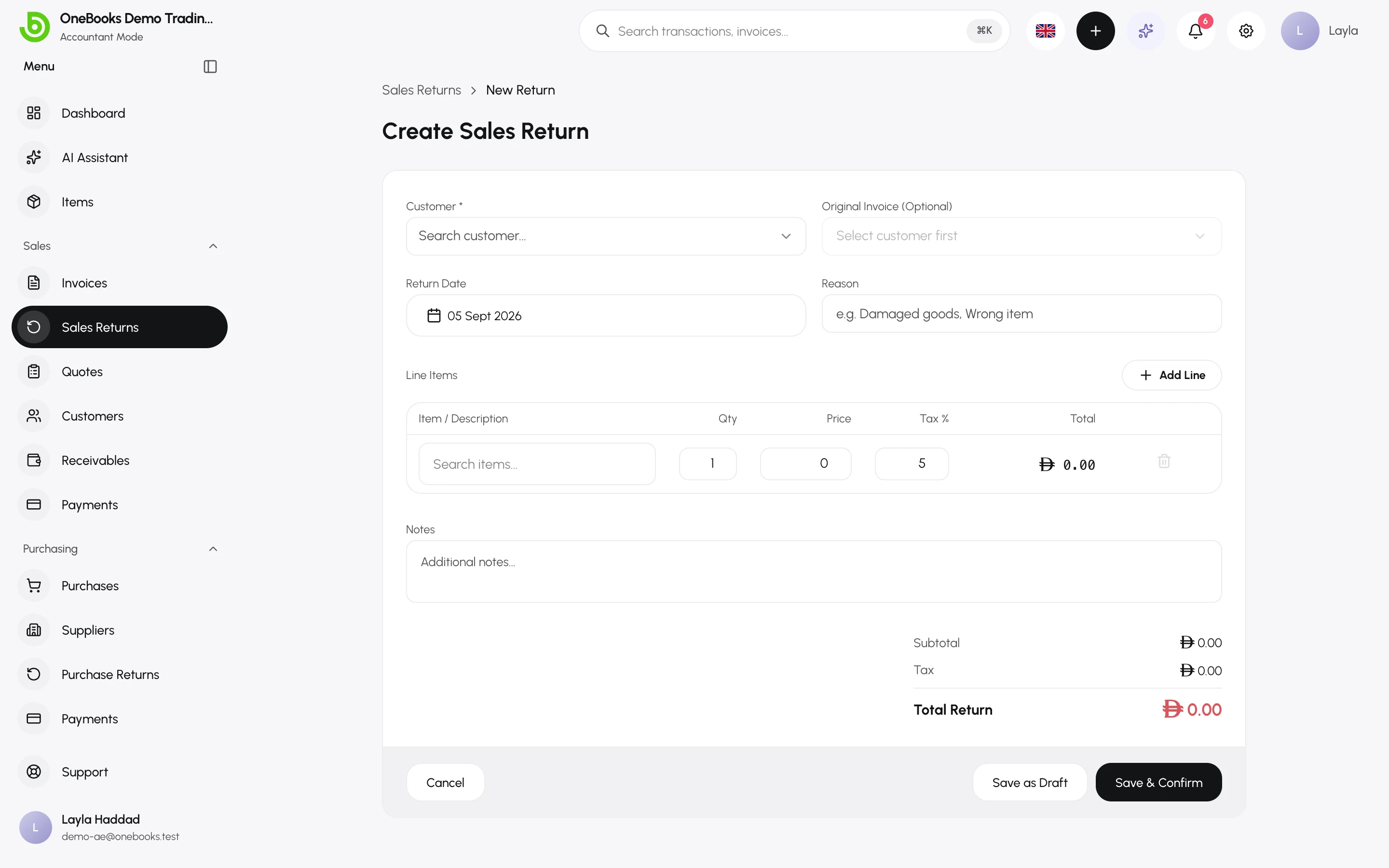 The Create Sales Return form linked to an original invoice
