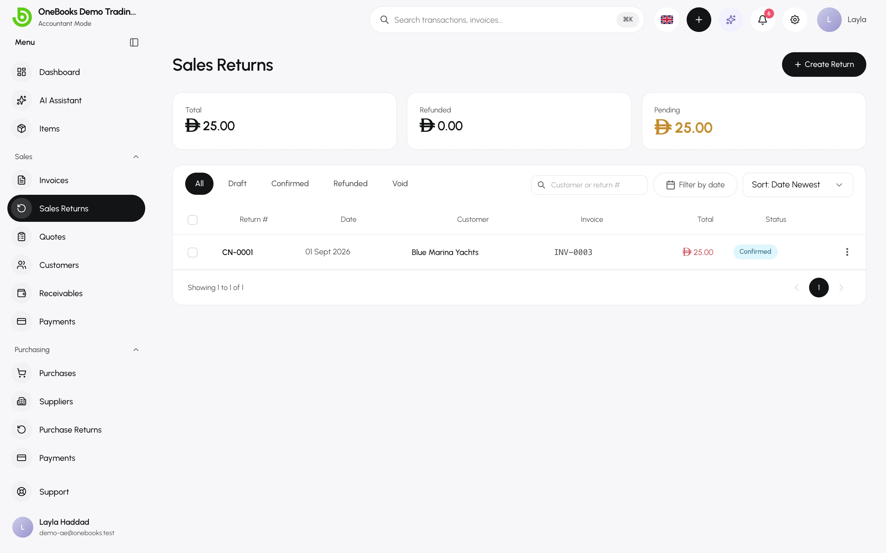 The Sales Returns list with statuses and pending refunds