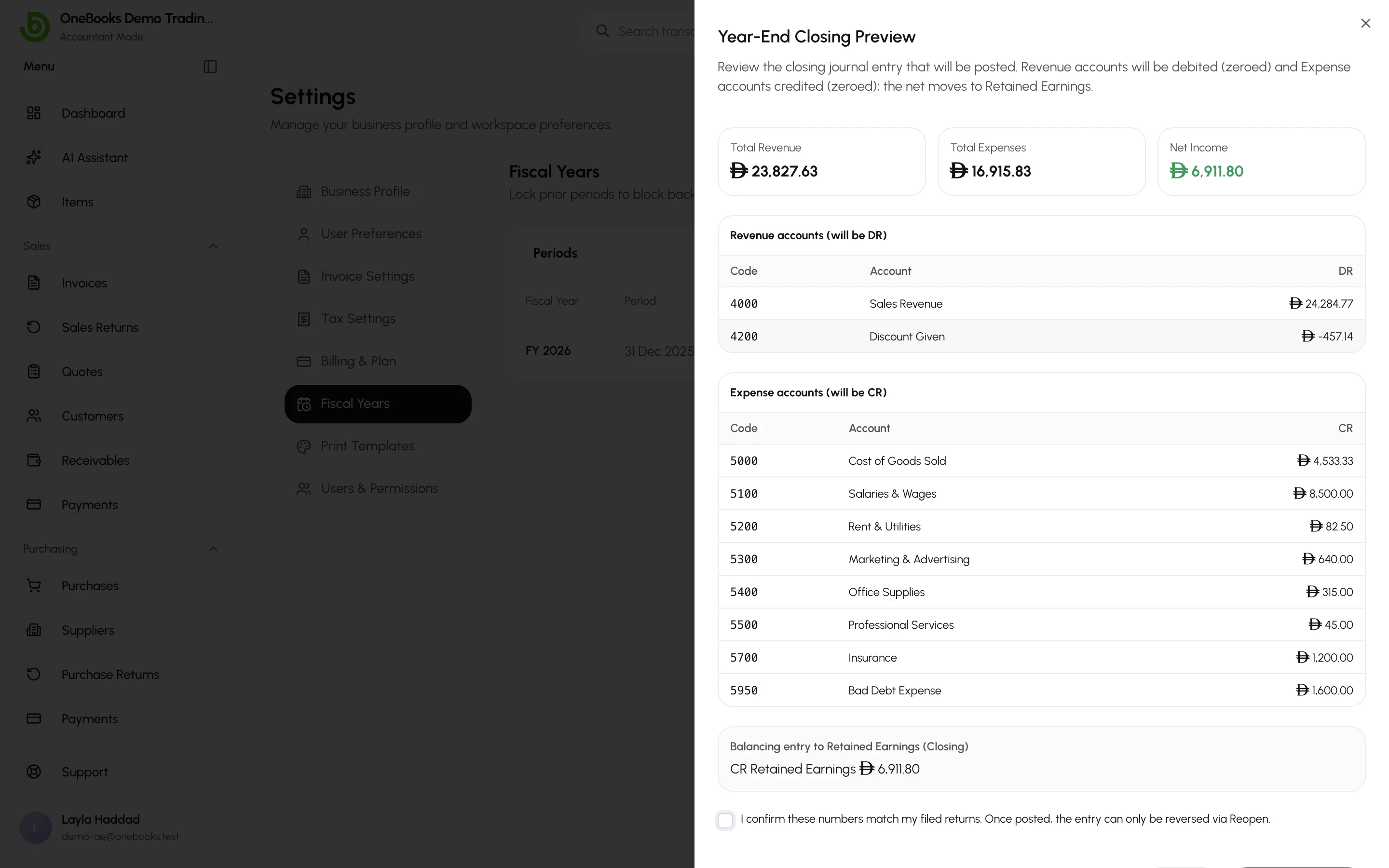 The Year-End Closing Preview with revenue and expense totals and the balancing entry