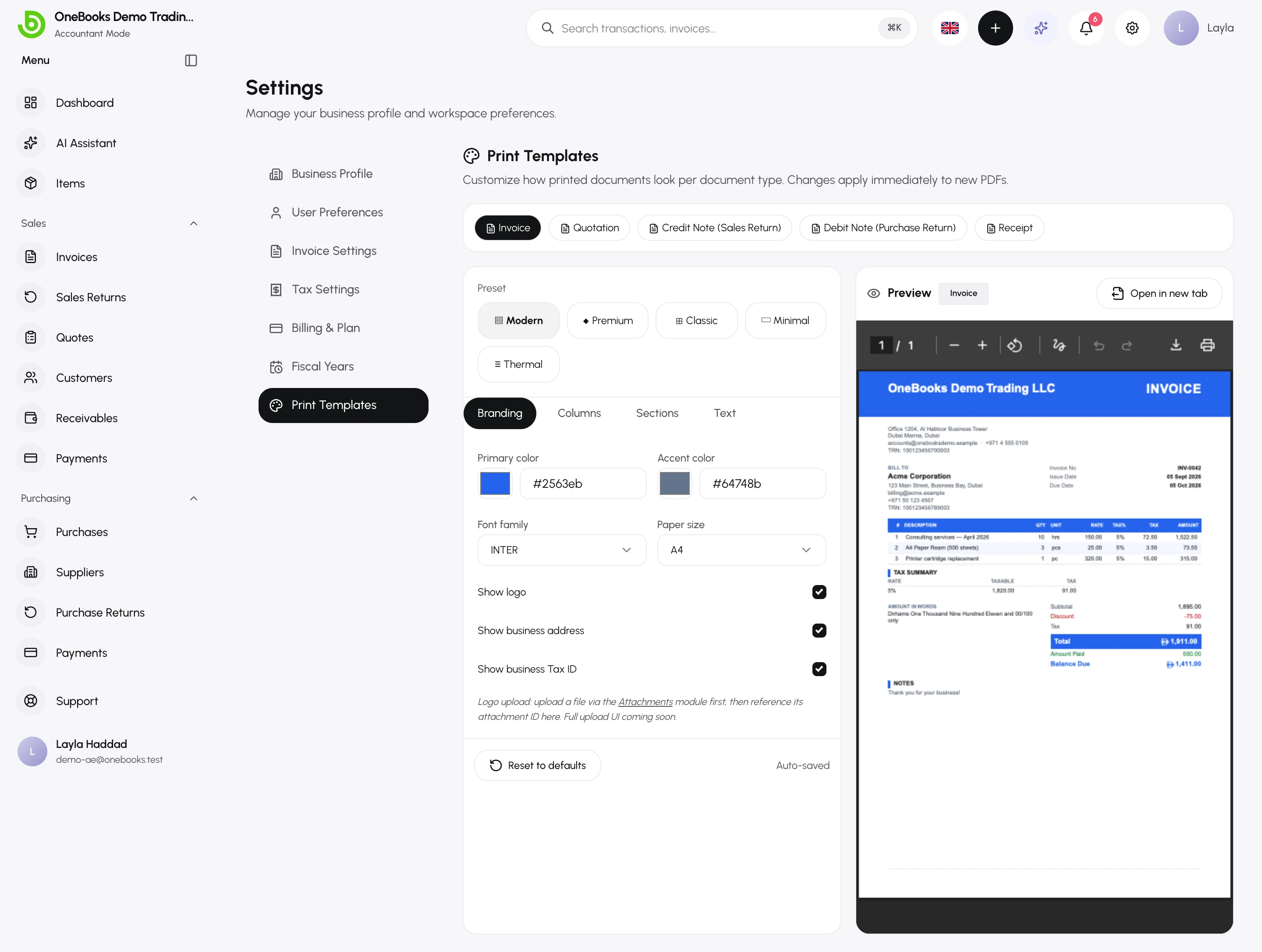 The template editor with preset, font, paper size, logo and a live preview