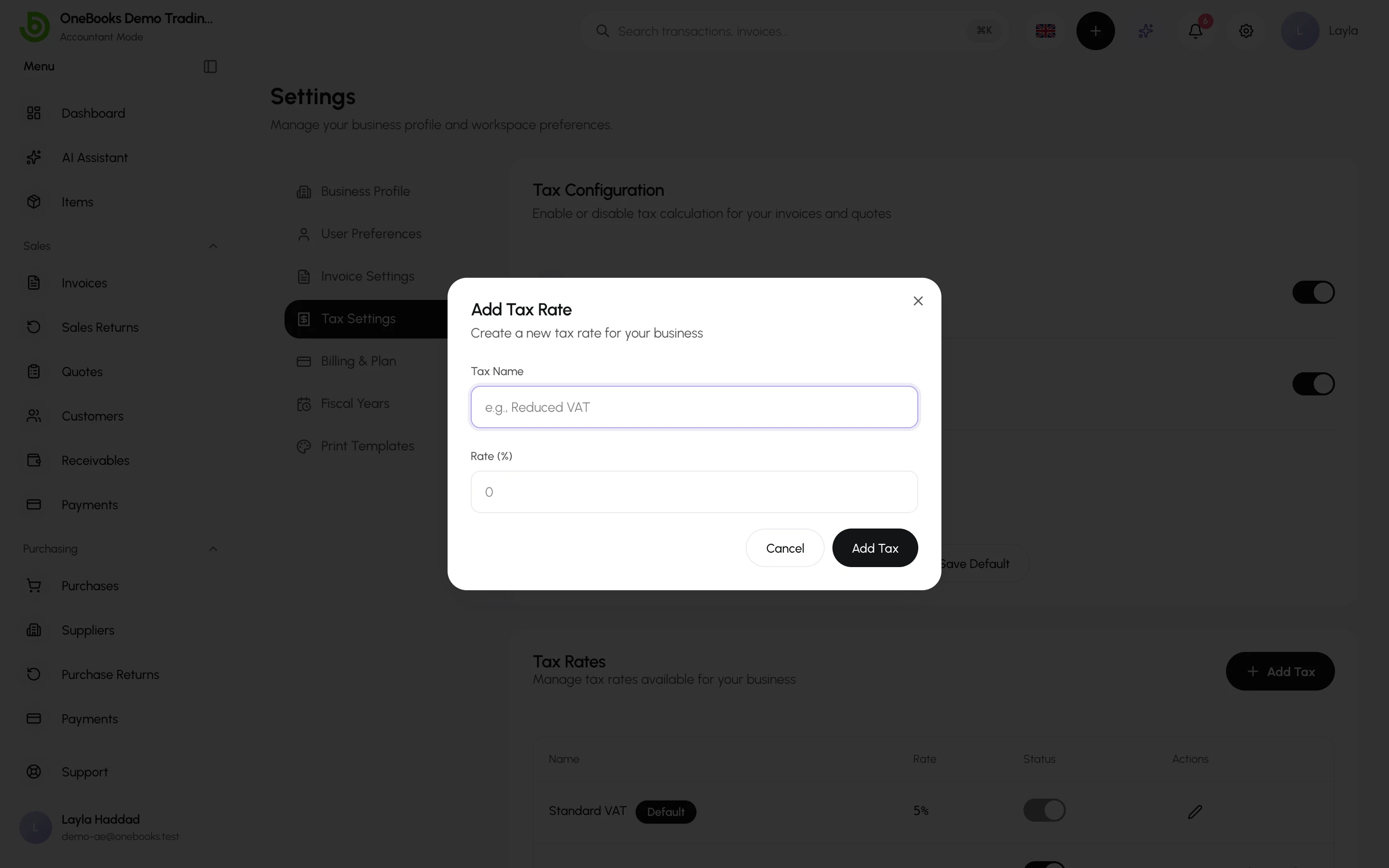 The Add Tax Rate dialog with name and rate fields