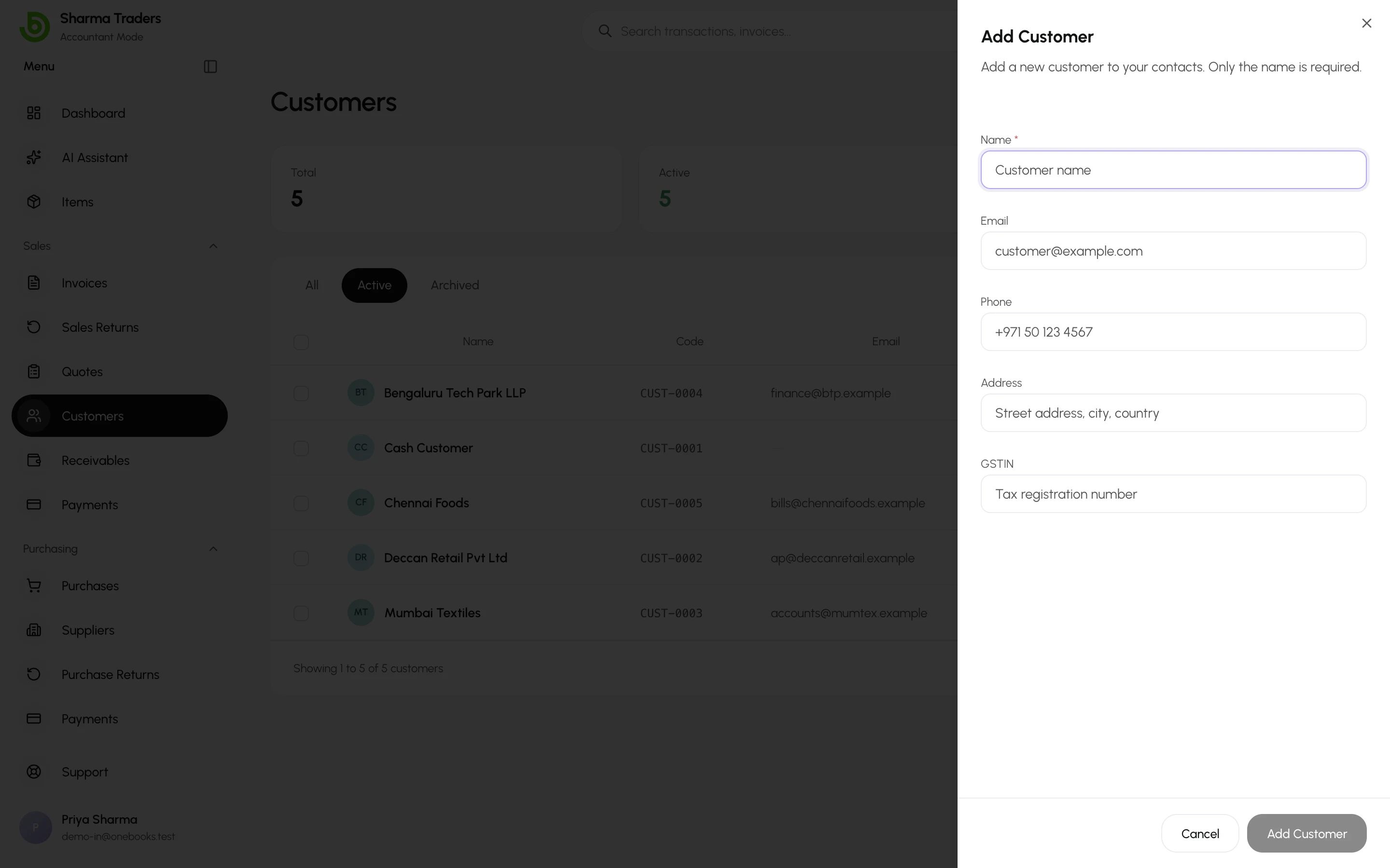 The Add Customer dialog with the GSTIN entered in the tax ID field