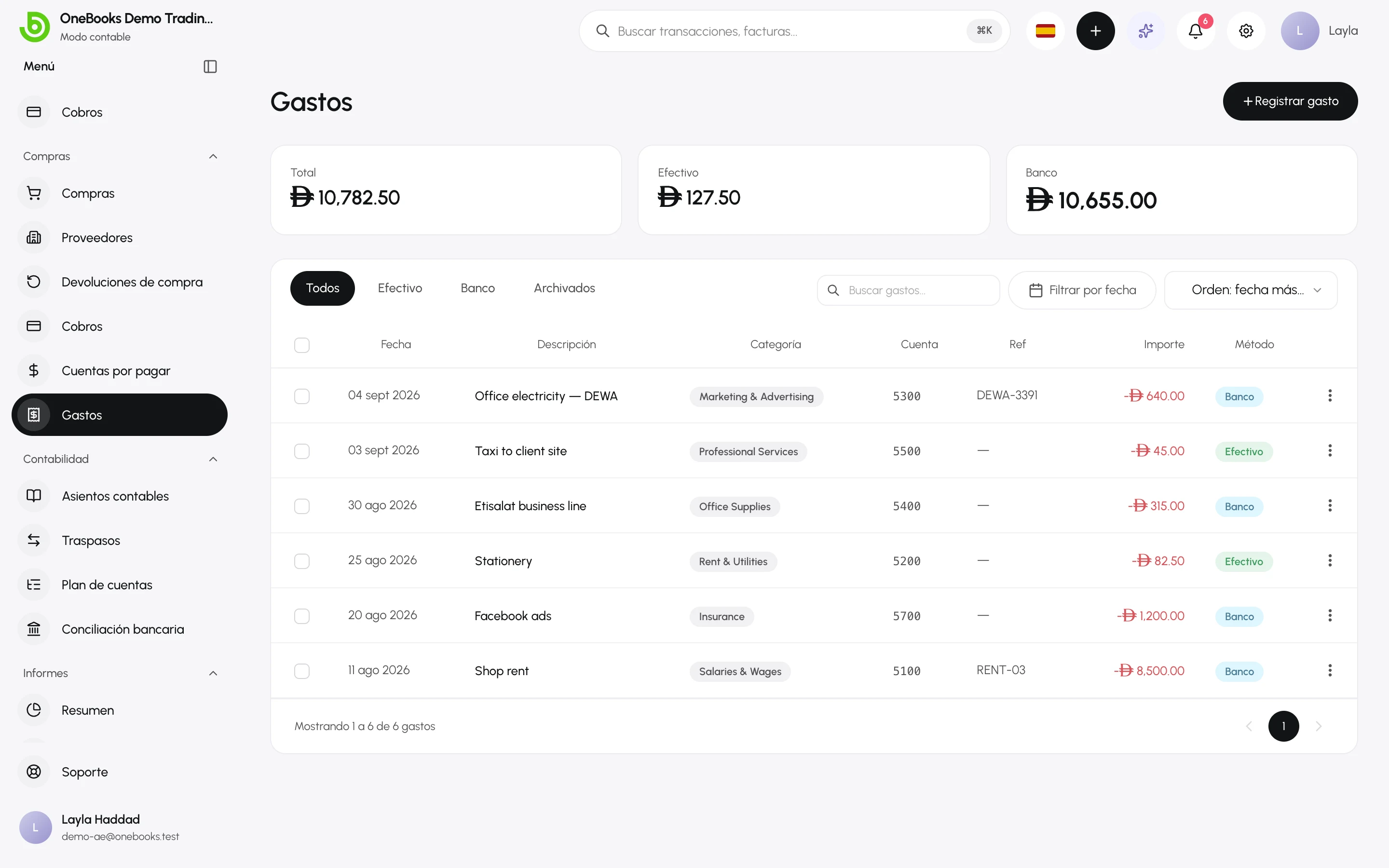 El plan de cuentas filtrado por cuentas de gasto
