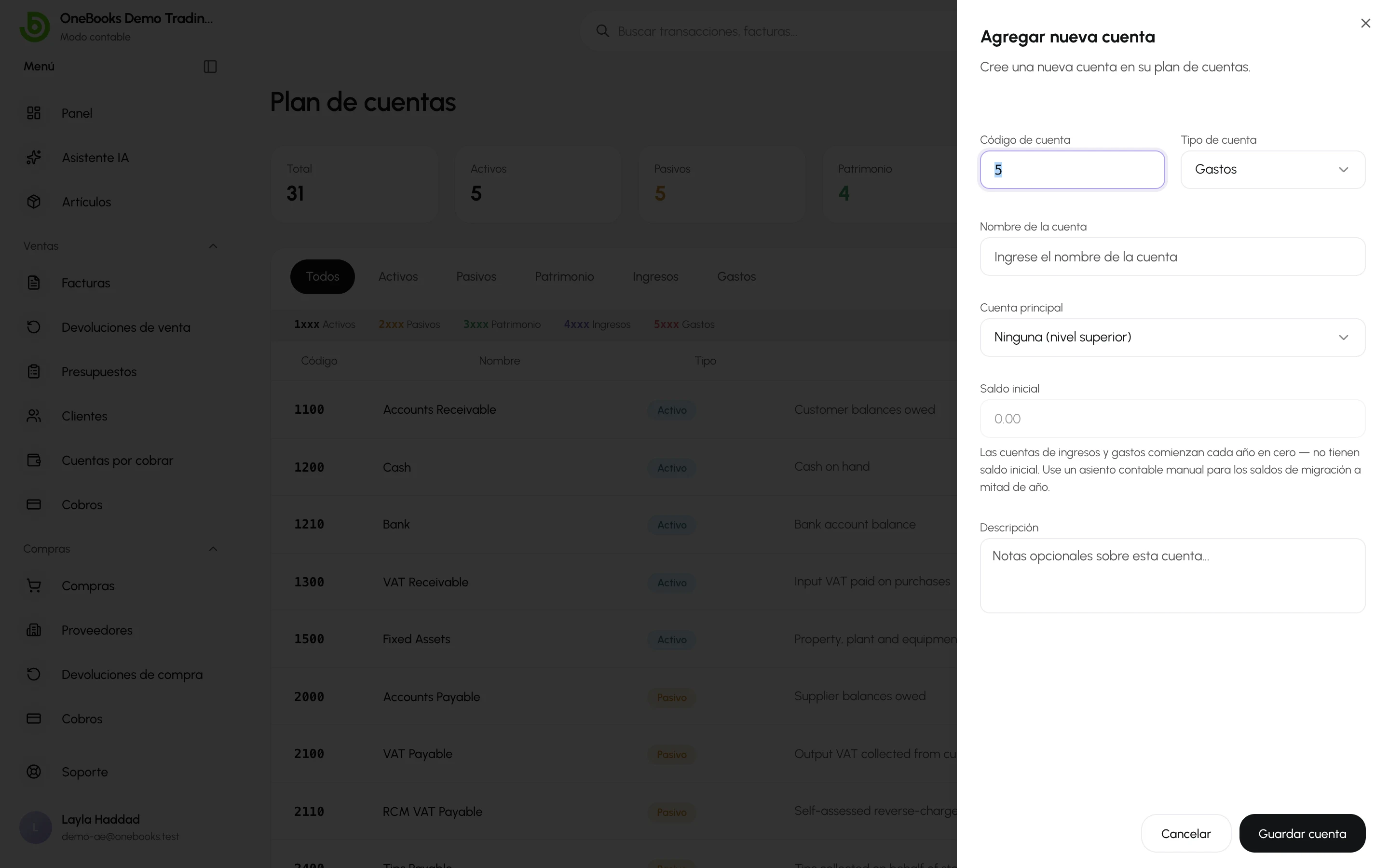 El diálogo Nueva cuenta con tipo, código, nombre, cuenta principal y saldo inicial